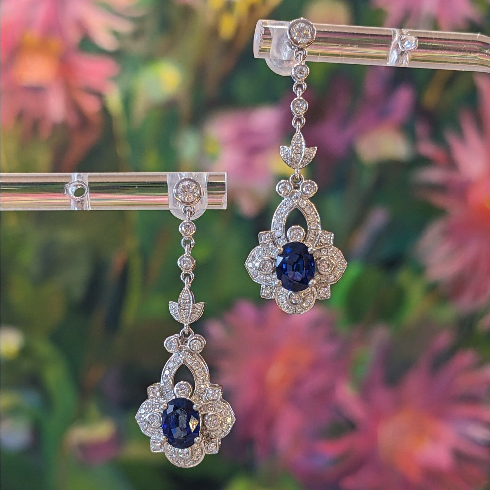 Natural Blue Sapphire and Diamond Drop Earrings in Platinum