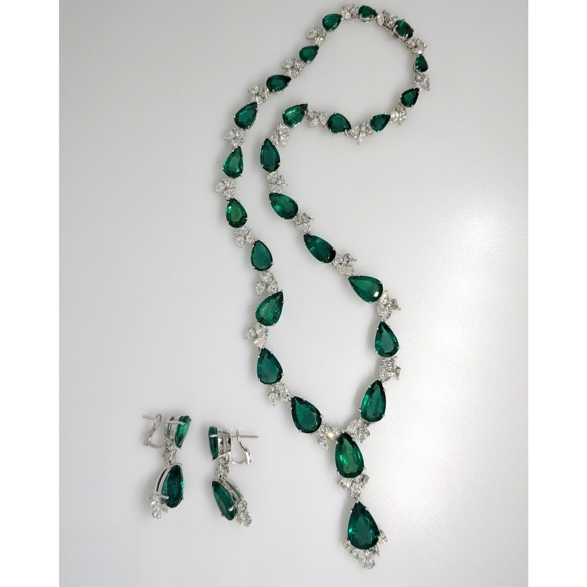 AGL Pear Emerald & Diamond Necklace Earrings Set in 18k White Gold