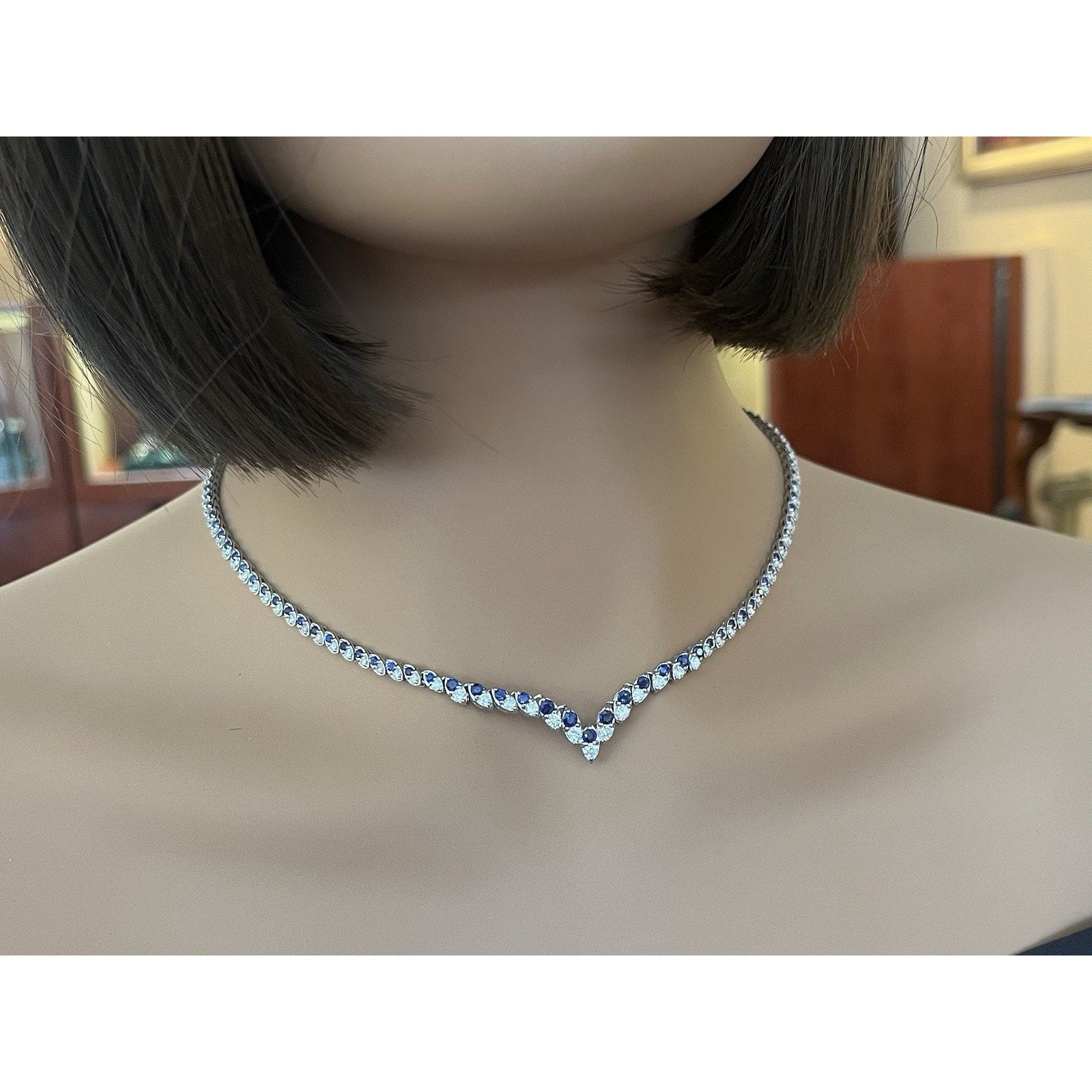 Natural Blue Sapphire and Diamond V Choker Necklace in Platinum