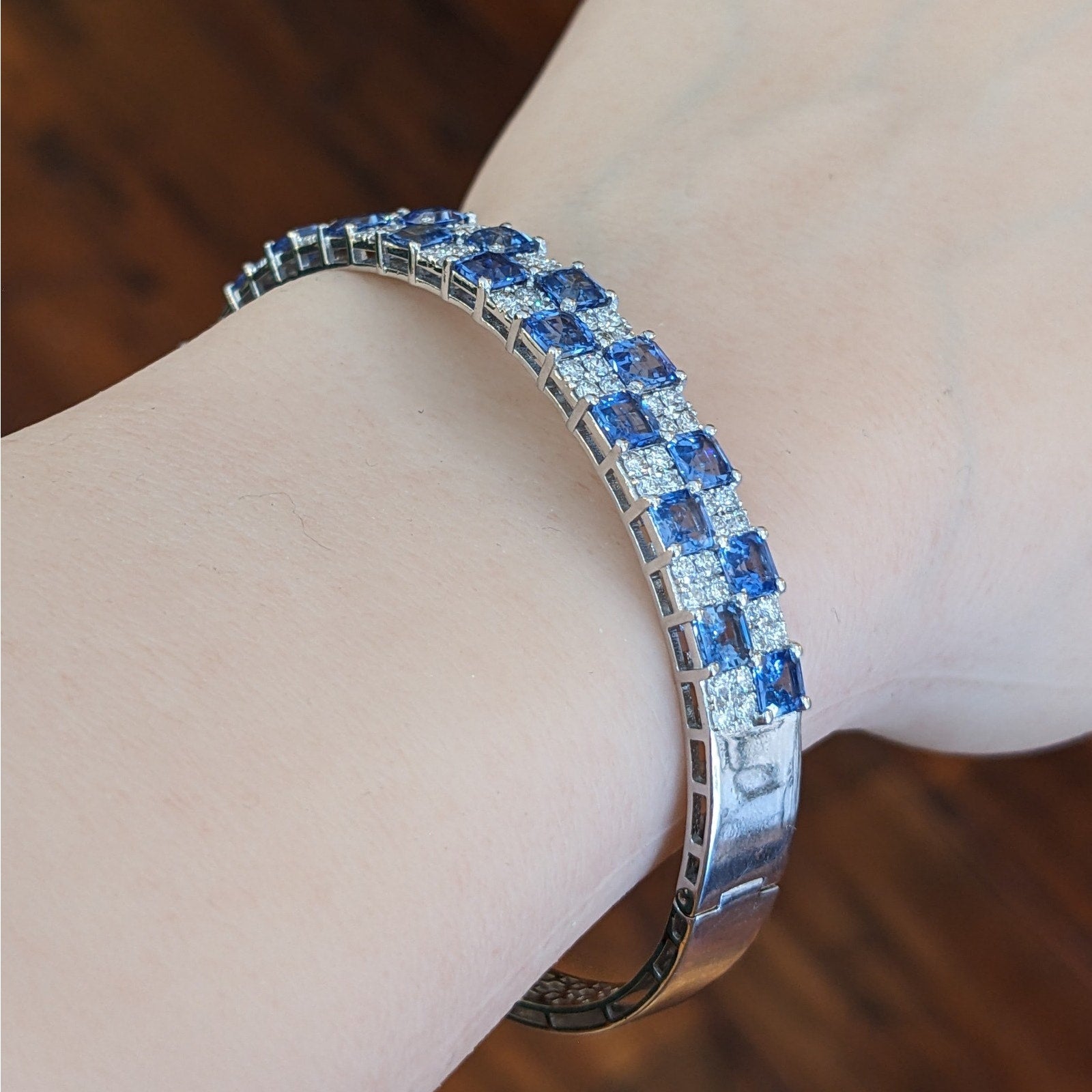 Natural Sapphire and Diamond Bangle Bracelet in 14k White Gold