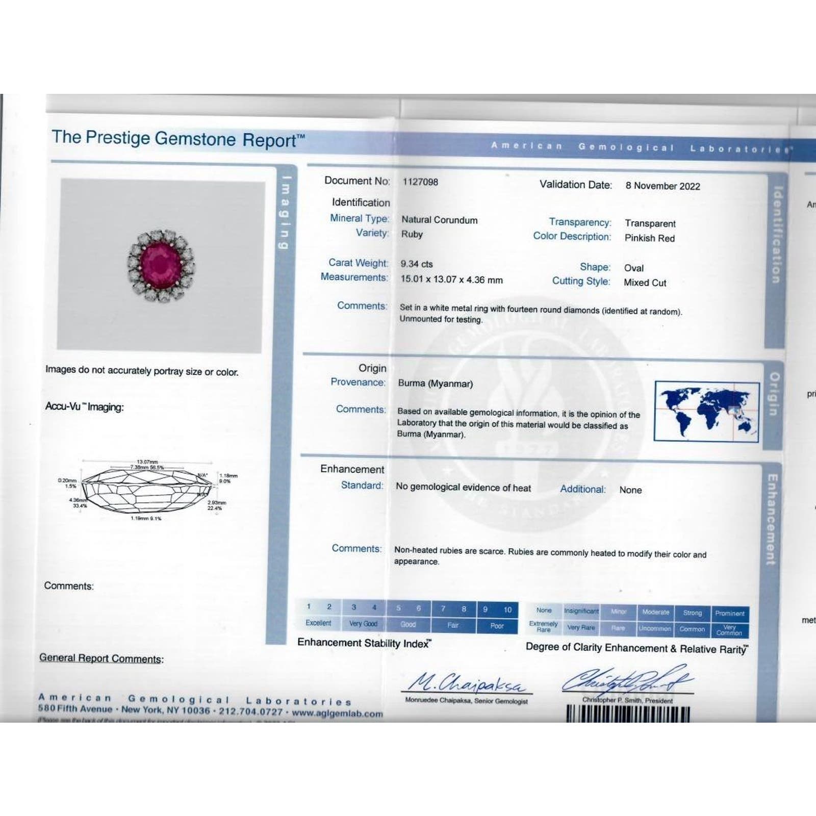 AGL 9.34 ct Unheated Burma Ruby and Diamond Ring in Platinum -HM2500