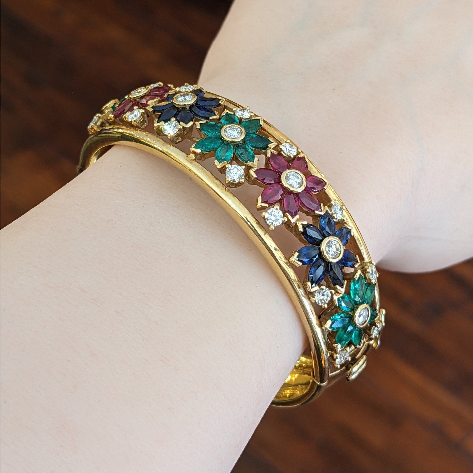 Wide Ruby-Sapphire-Emerald-Diamond Bangle Bracelet in 18k Yellow Gold