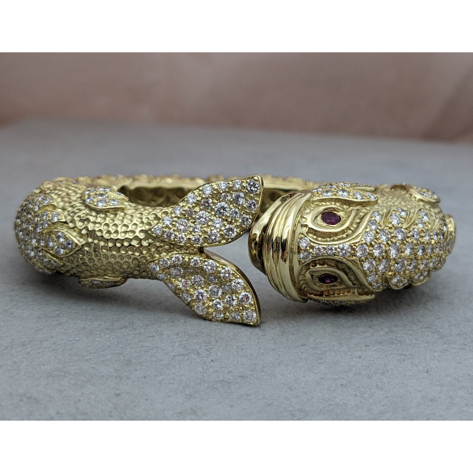 Heavy Diamond Hinged Fish Cuff Bracelet in Textured 18k Yellow Gold