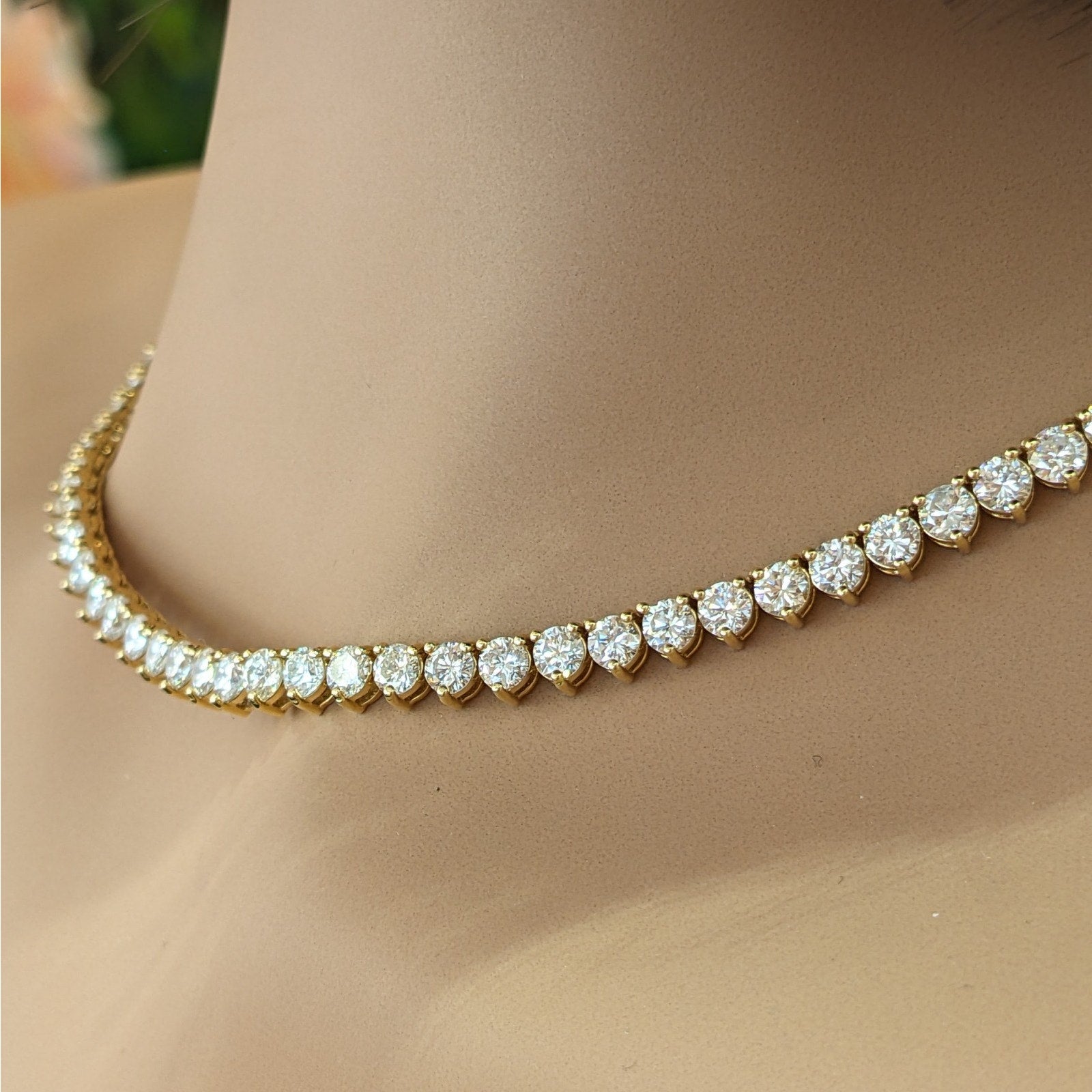 Natural Diamond Tennis Necklace 14.96 ctw in 18k Yellow Gold 16.5"
