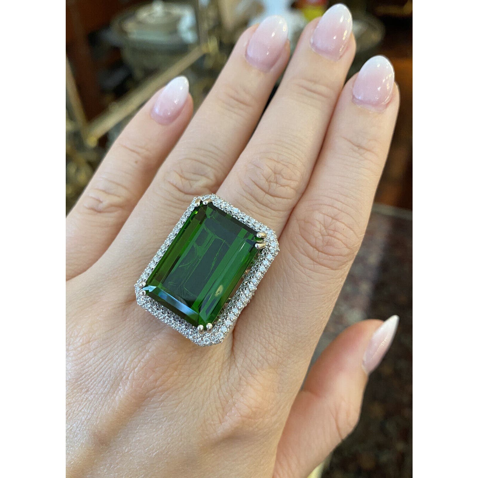 GIA 40.87 ct Green Tourmaline in Pave Diamond Ring 18k White Gold- HM2363VE