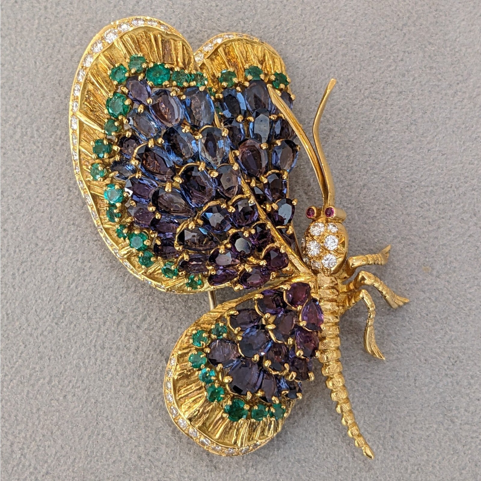 Large Sapphire, Emerald, and Diamond Butterfly Pin in 18k Yellow Gold