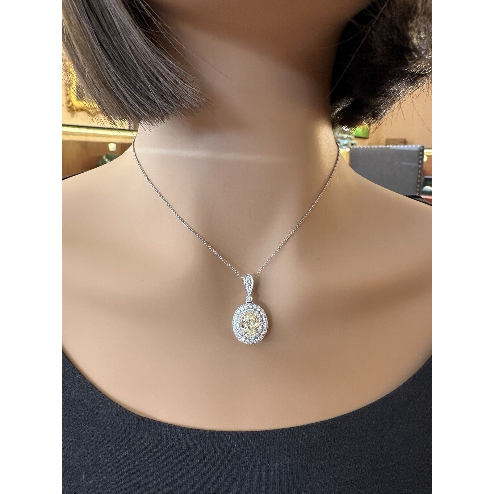 GIA Natural Yellow 1.50 ct Oval Diamond Pendant Necklace in White Gold