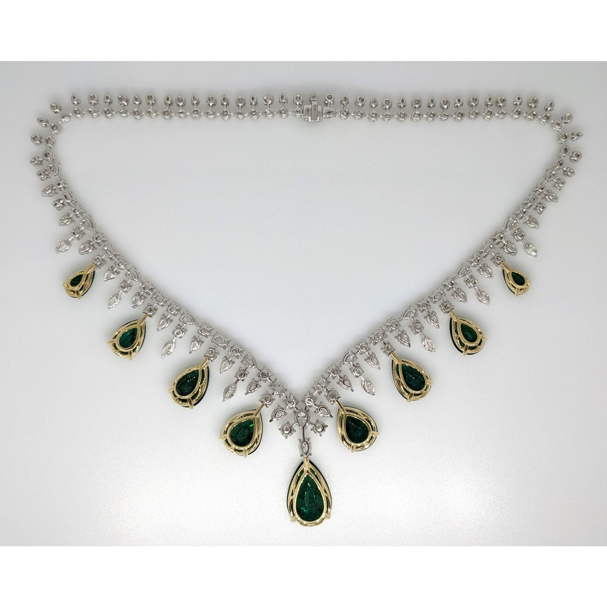 AGL Emerald & Diamond Fringe Bib Statement Necklace in 18k White Gold