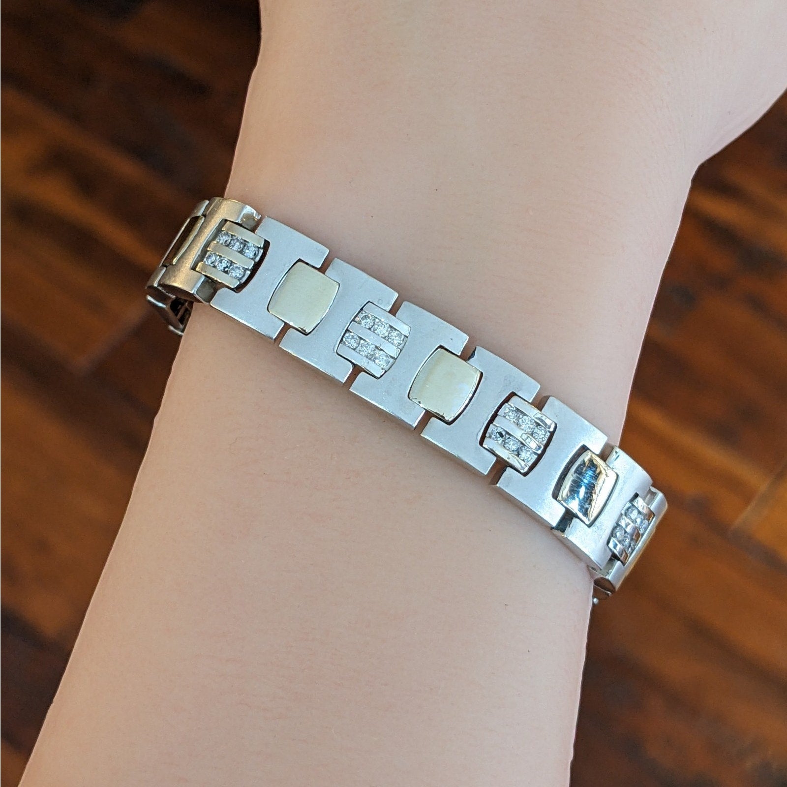 Wide Diamond Link Bracelet -8" long -in 14k Yellow White Gold