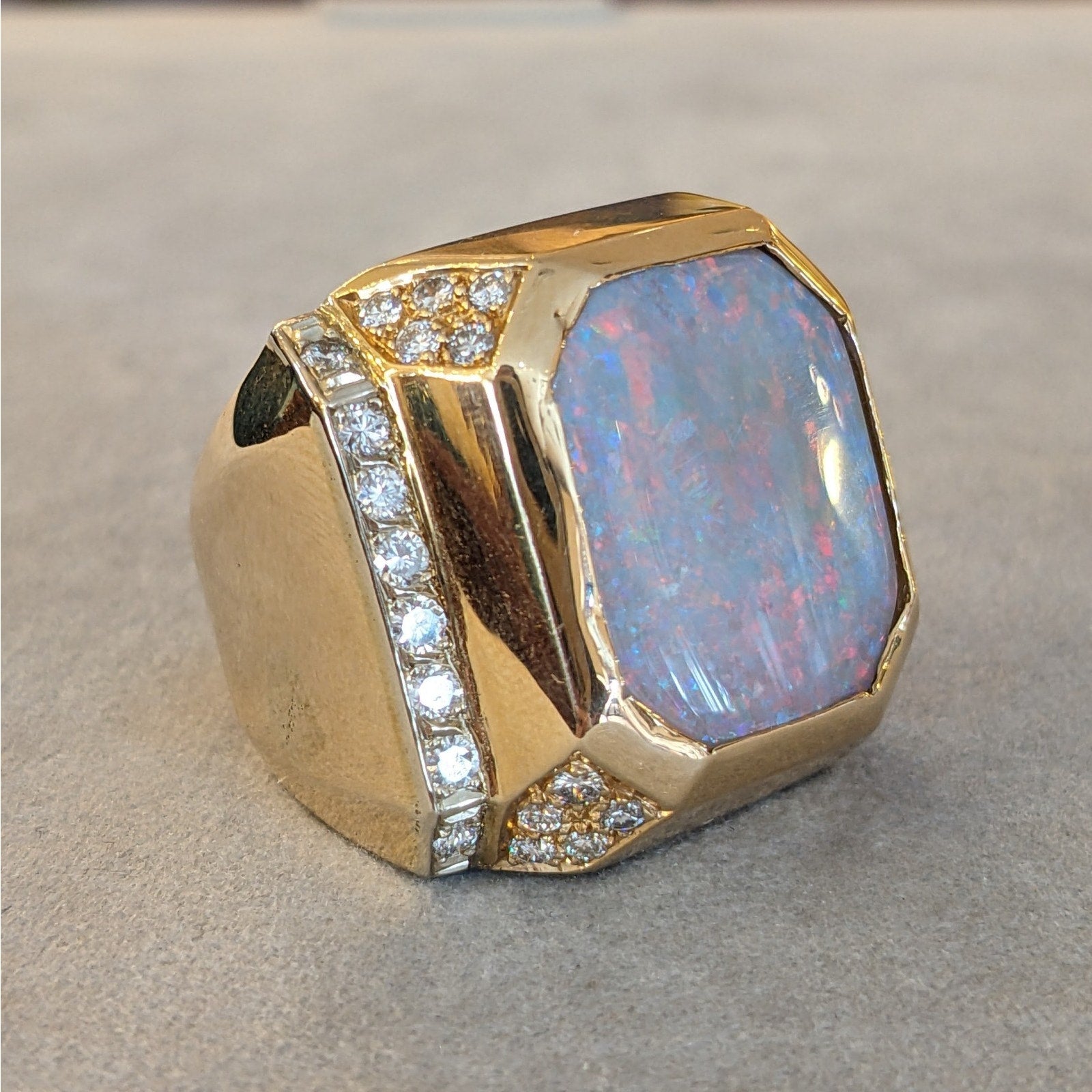 Large Natural Opal Ring with Diamonds in 14k Yellow Gold