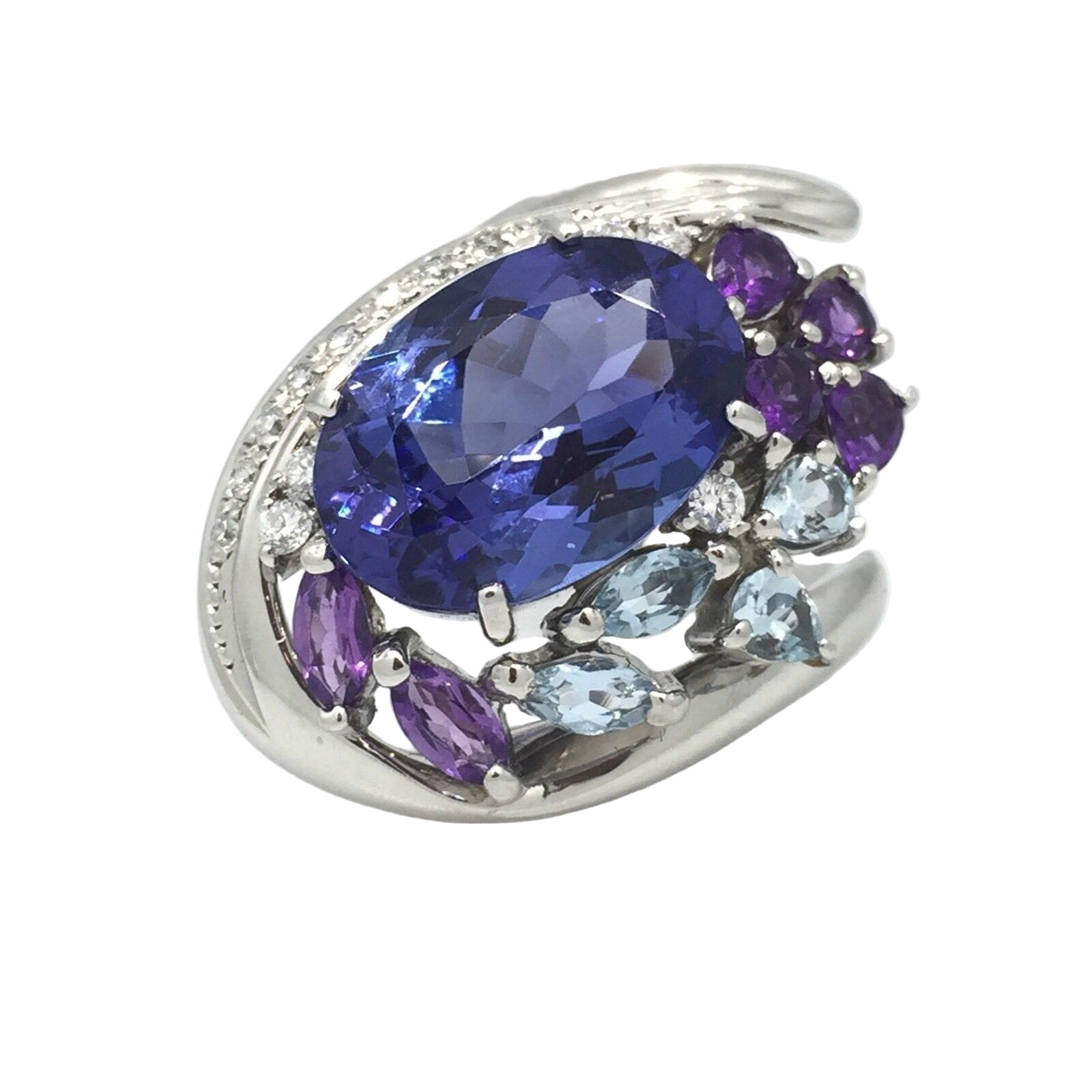 7.39 carat Tanzanite, Aquamarine Amethyst and Diamond Ring in Platinum
