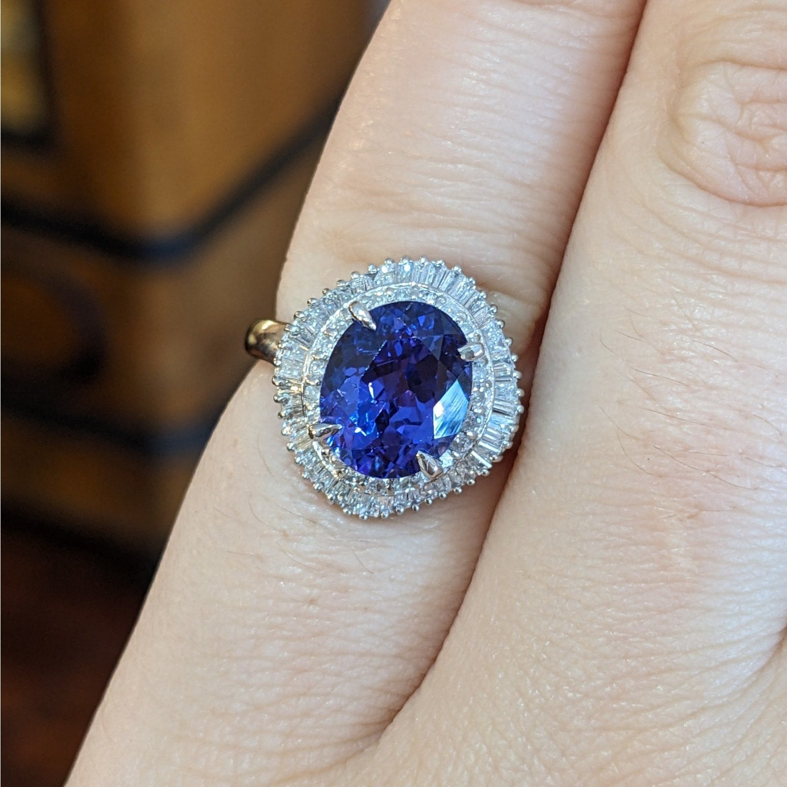 Natural Tanzanite and Diamond Ballerina Ring in Platinum