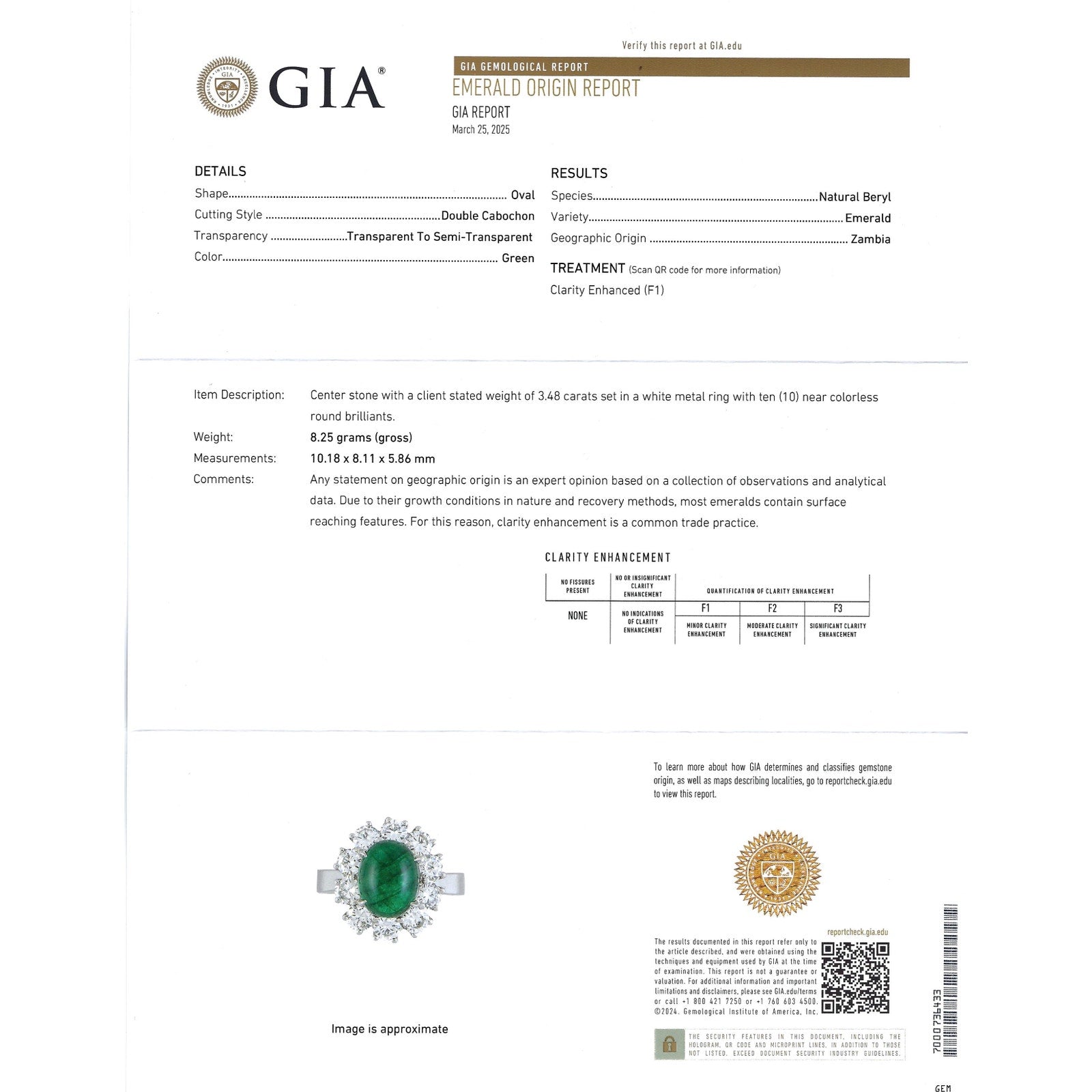 GIA Emerald Cabochon 3.48 ct with 1.60 ct Round Diamonds in Platinum