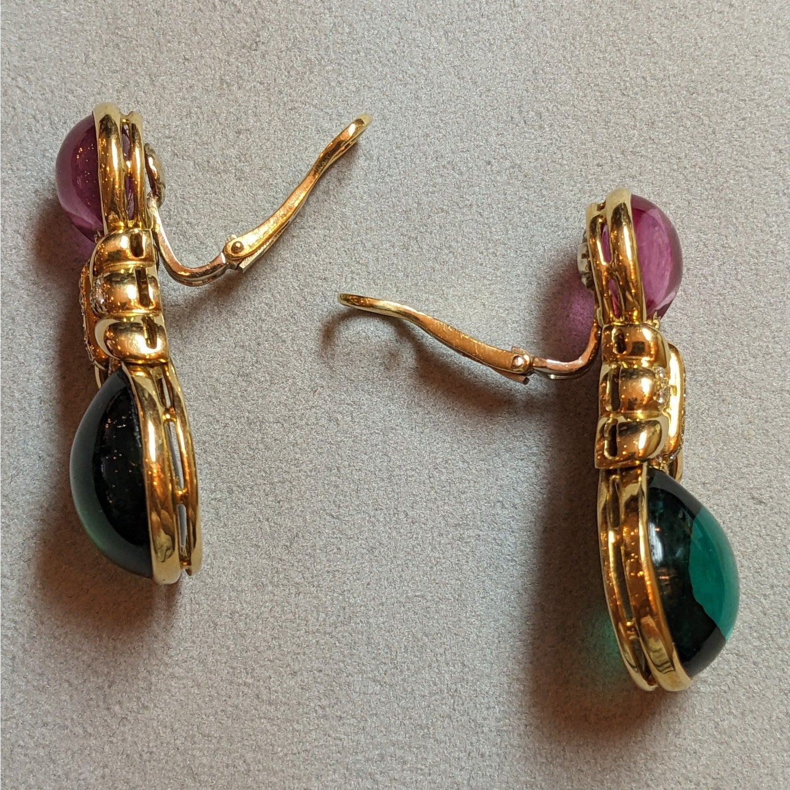 Pink Sapphire, Green Tourmaline & Diamond Drop Earrings in 18k Gold