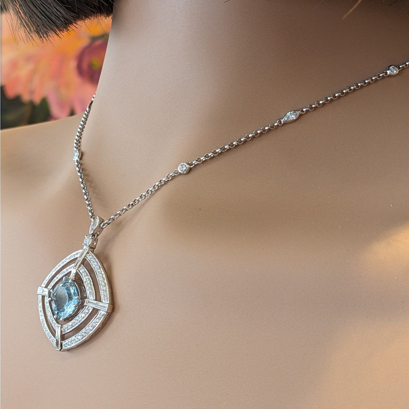 Natural Aquamarine and Diamond Pendant Necklace in 18k White Gold