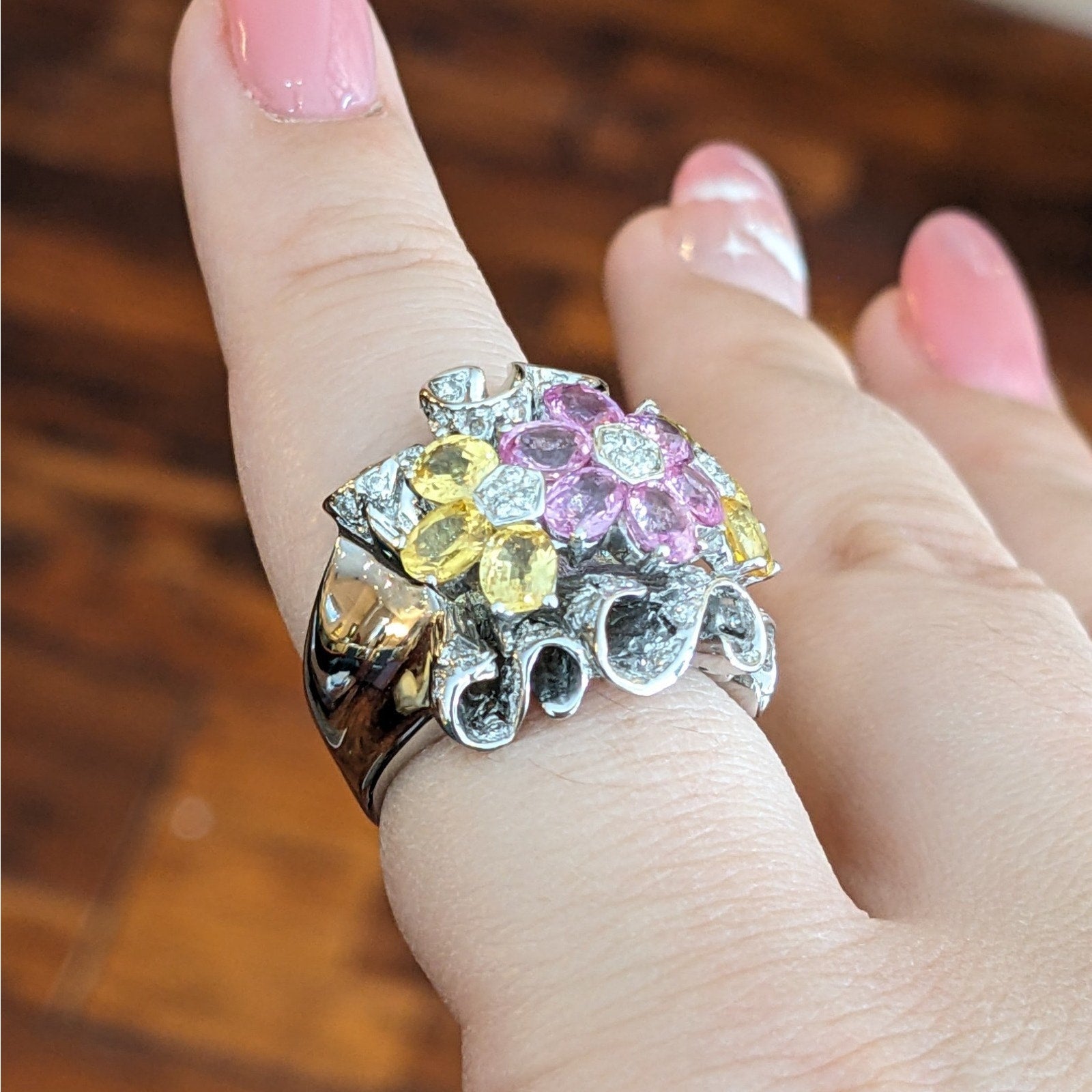 Pink and Yellow Sapphire and Diamond Floret Ring in 18k White Gold