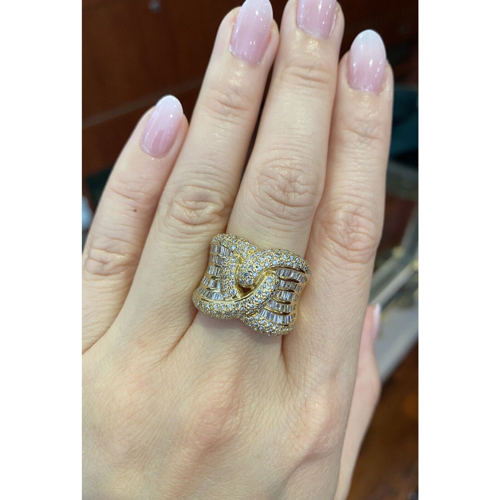 Wide Round and Baguette Diamond Crossover Ring in 18k Yellow Gold