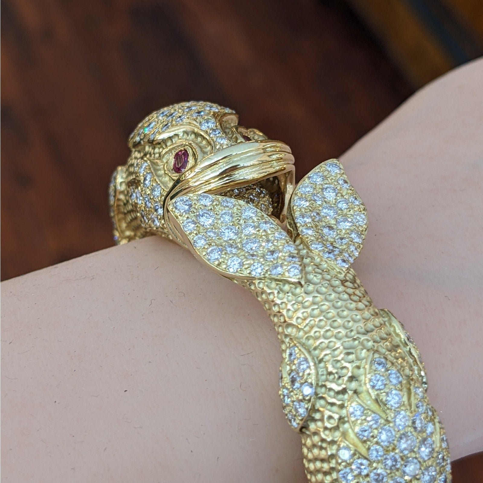 Heavy Diamond Hinged Fish Cuff Bracelet in Textured 18k Yellow Gold