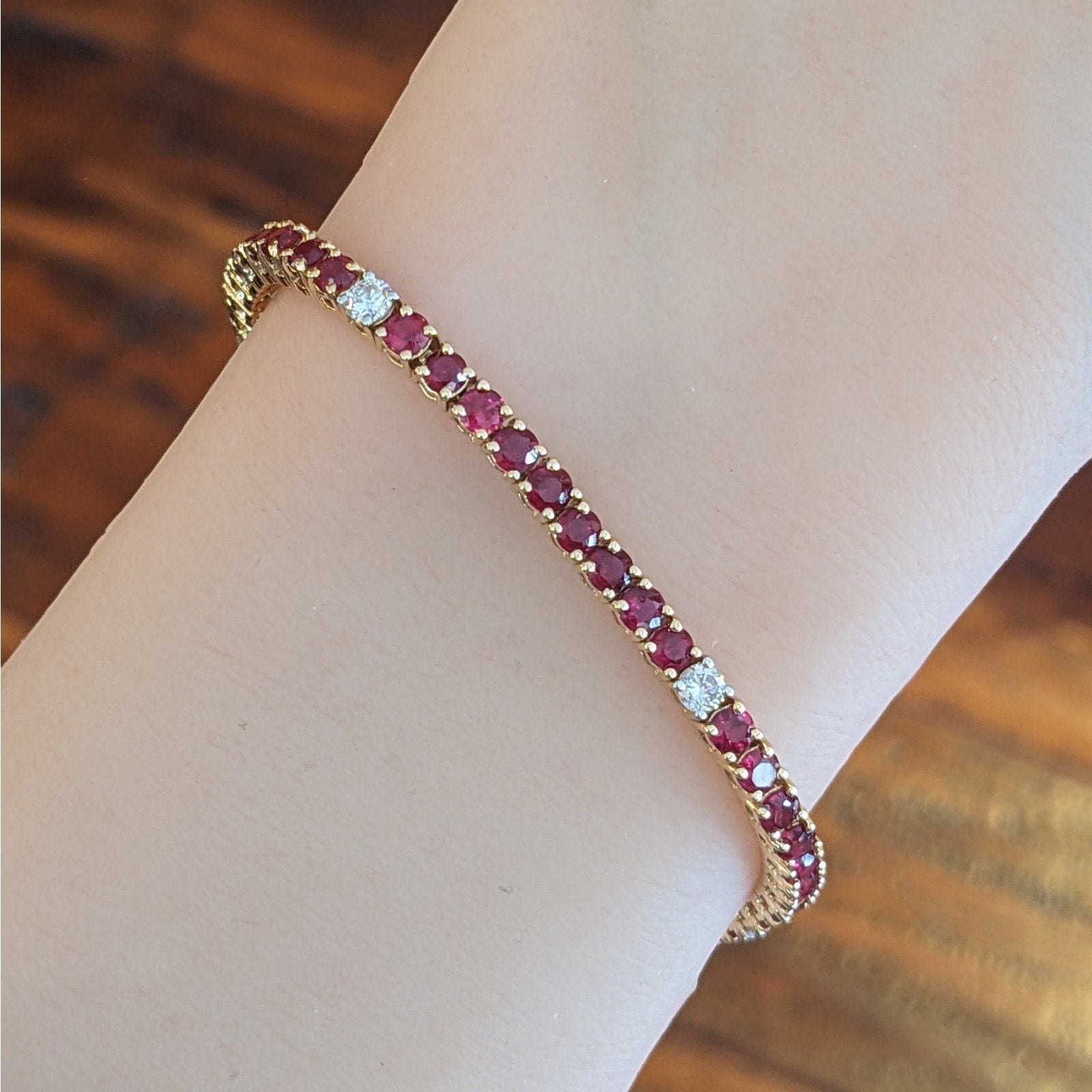 Unheated Natural Ruby & Diamond Tennis Line Bracelet in 18k Yellow Gold
