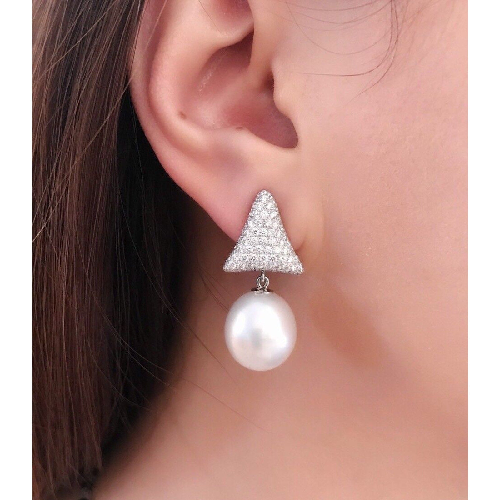South Sea Pearl and Pave Diamond Drop Earrings in 18k White Gold