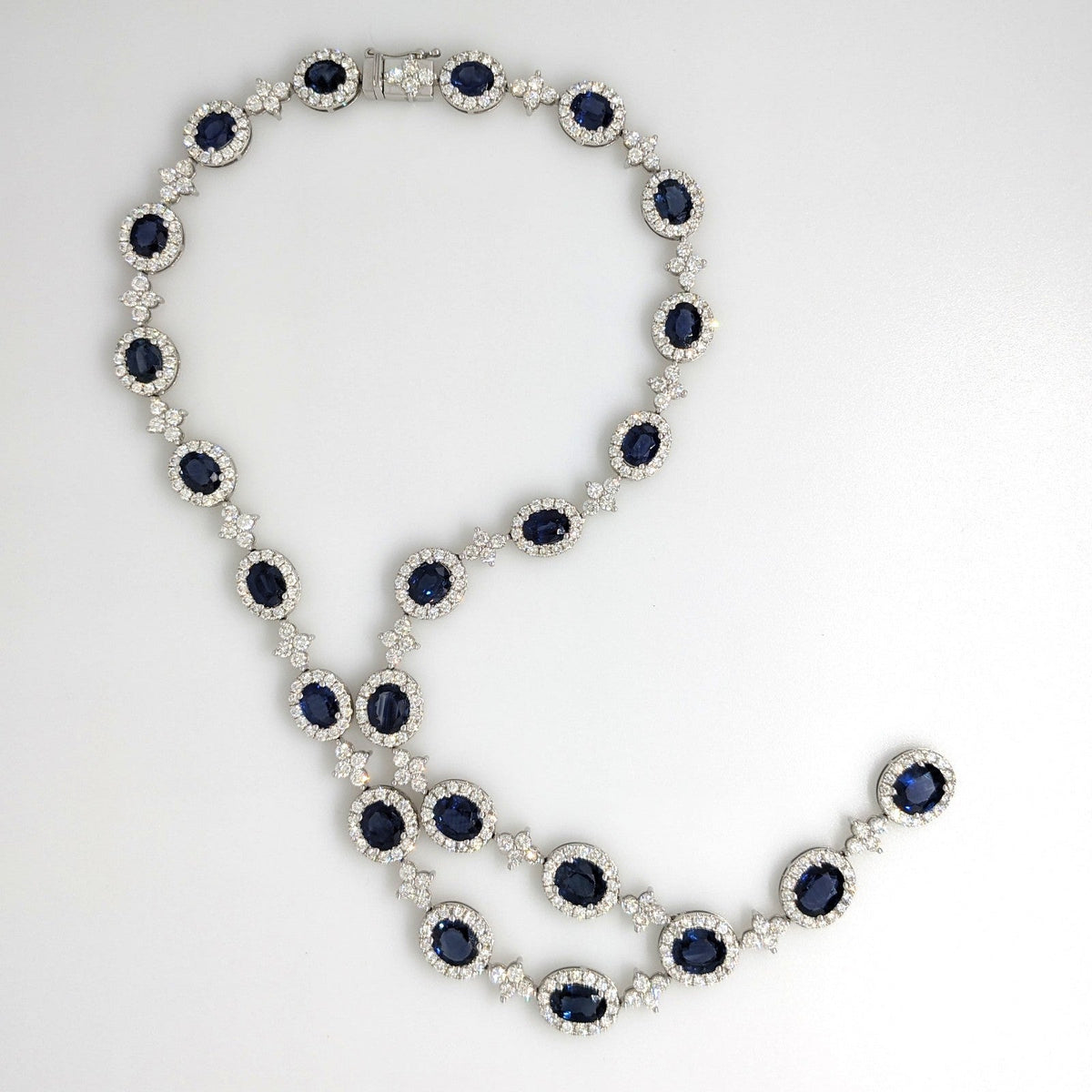 Natural Sapphire & Diamond Y-Drop Necklace in 18k White Gold