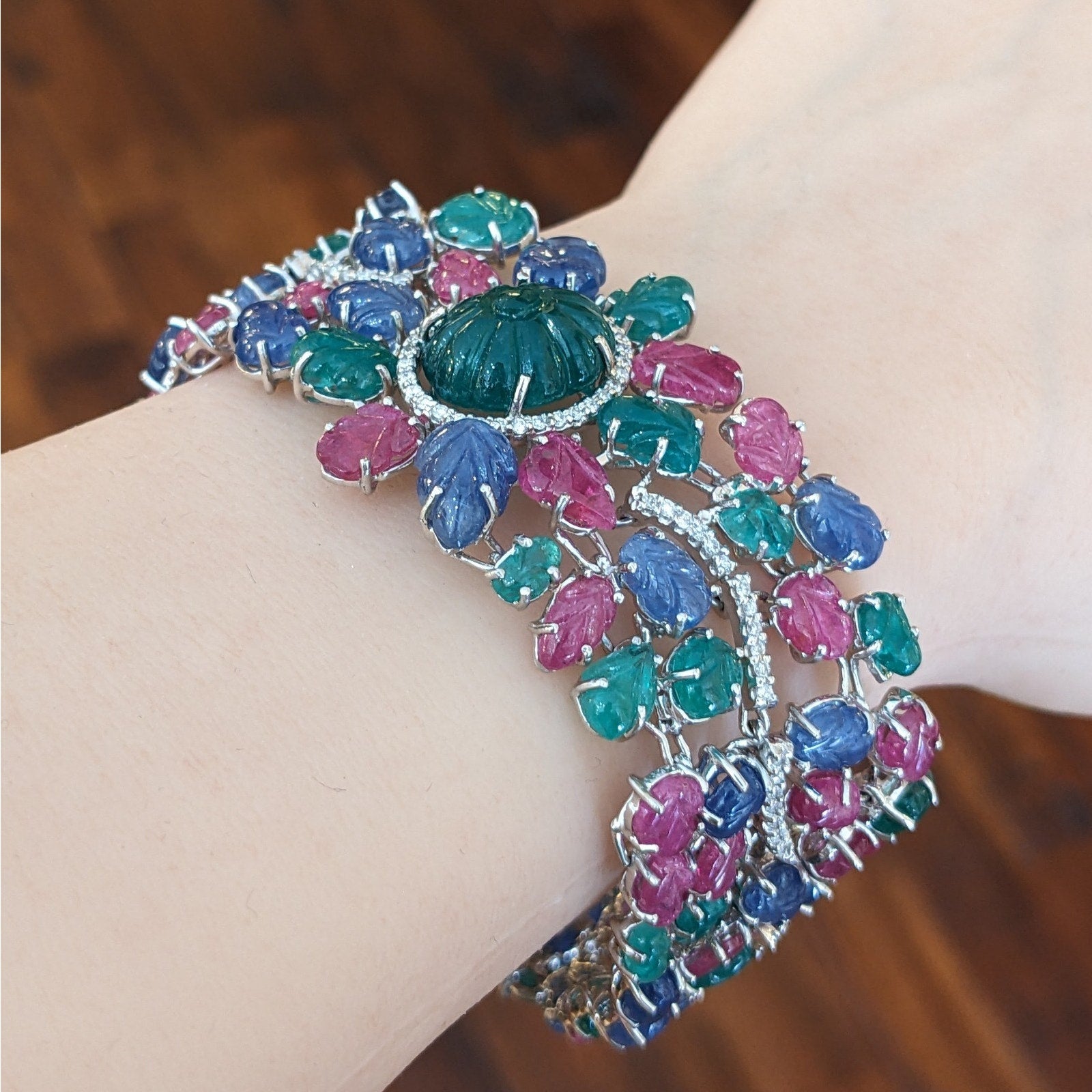 Carved Emerald, Ruby & Sapphire Bracelet with Diamonds in 18k White Gold