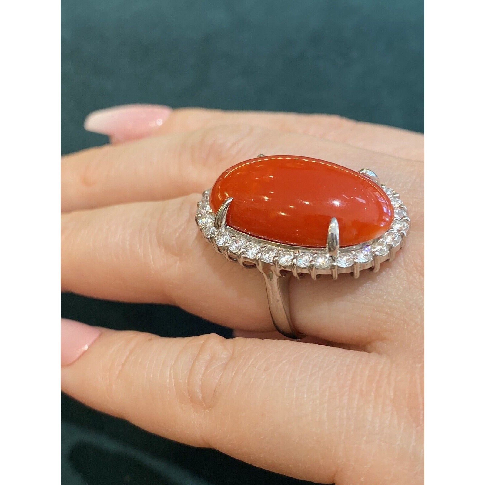 Estate 22.95 cts Red Coral and Diamond Large Cocktail Ring in Platinum