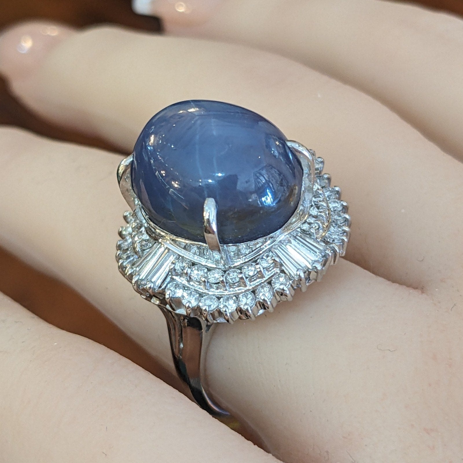 Large 31.52 ct Blue Star Sapphire in Platinum Diamond Ballerina Setting
