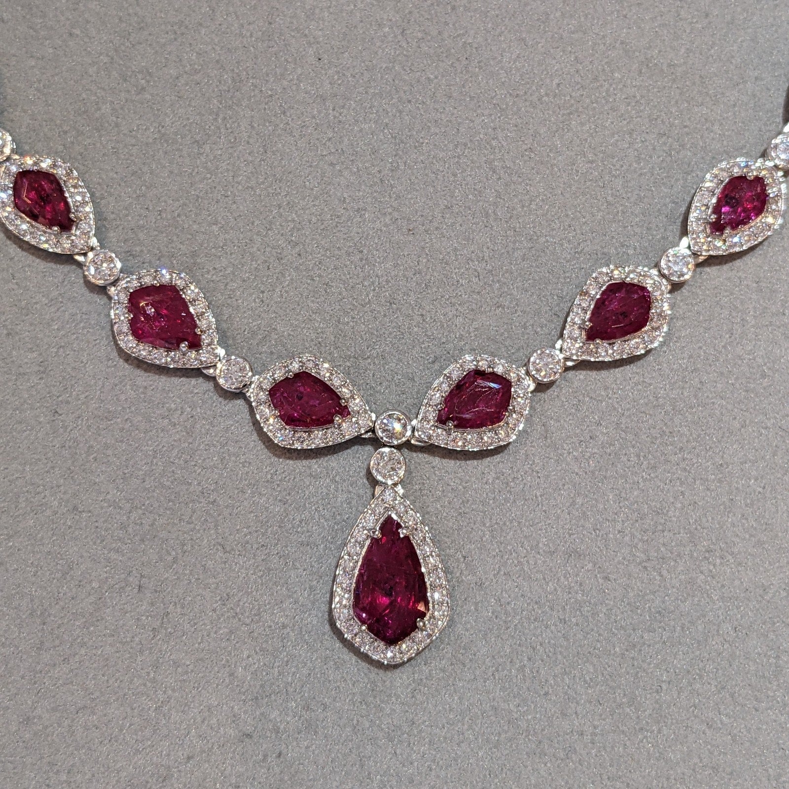 Ruby and Diamond Drop Choker Necklace in 18k White Gold