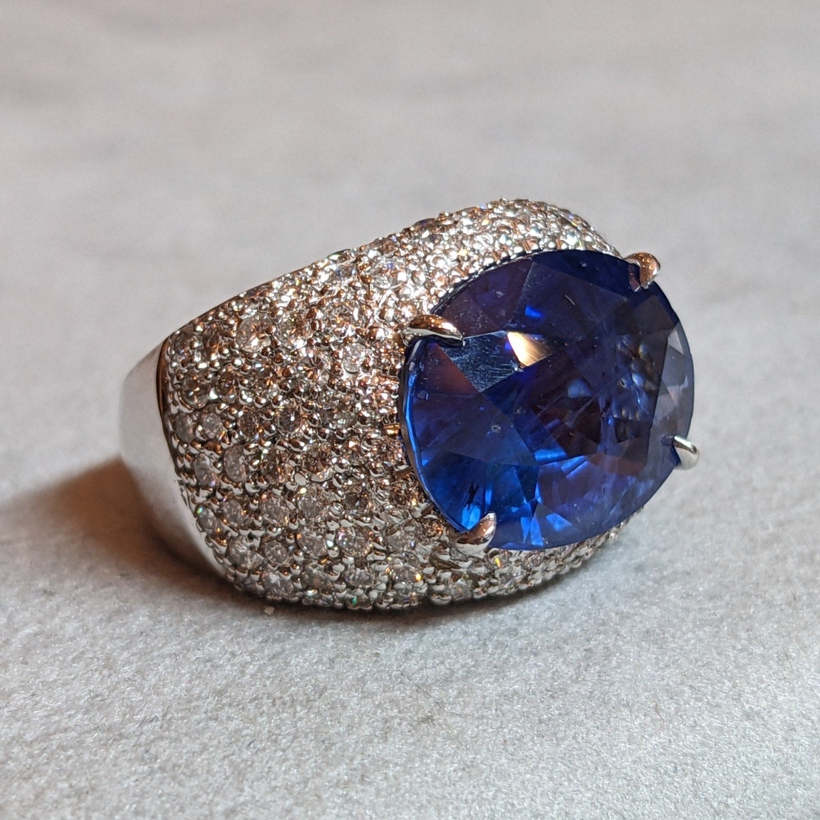 GIA 13.04 carat Oval Ceylon Sapphire & Diamond Ring in 18k White Gold