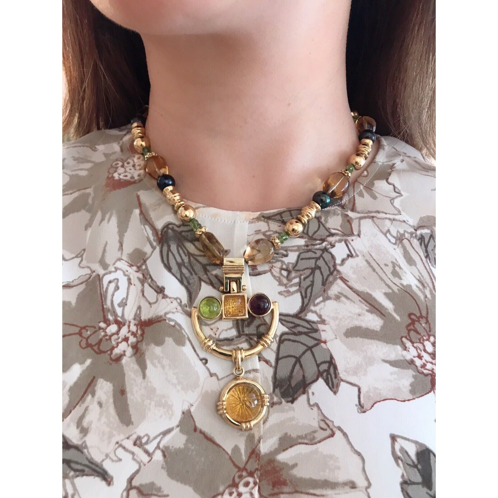 20 Inch Beaded Pendant Necklace w/Citrine and Peridot 14k Yellow Gold