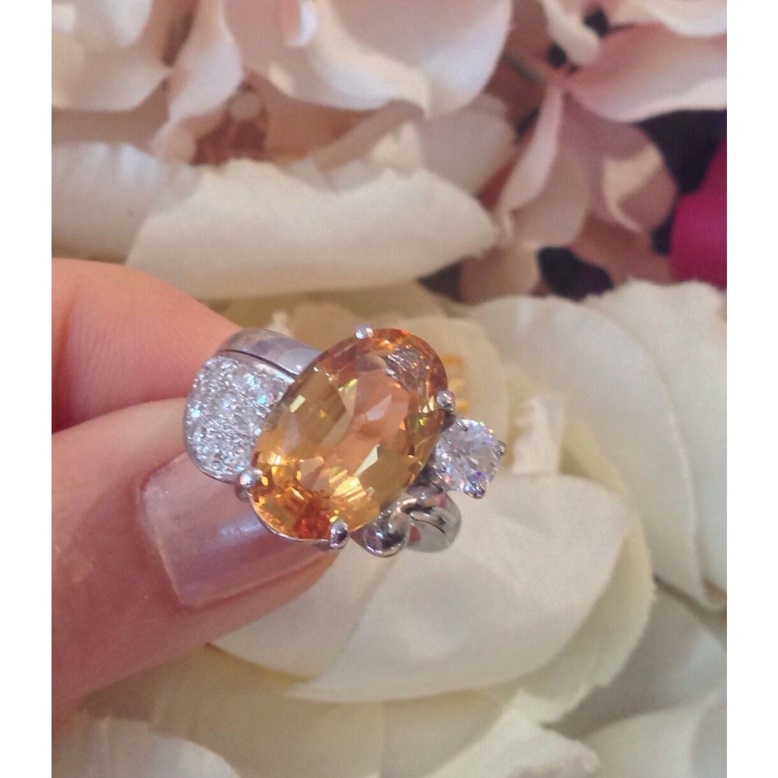 GIA certified 6.78 ct Yellow-Orange Topaz and Diamond Ring in Platinum