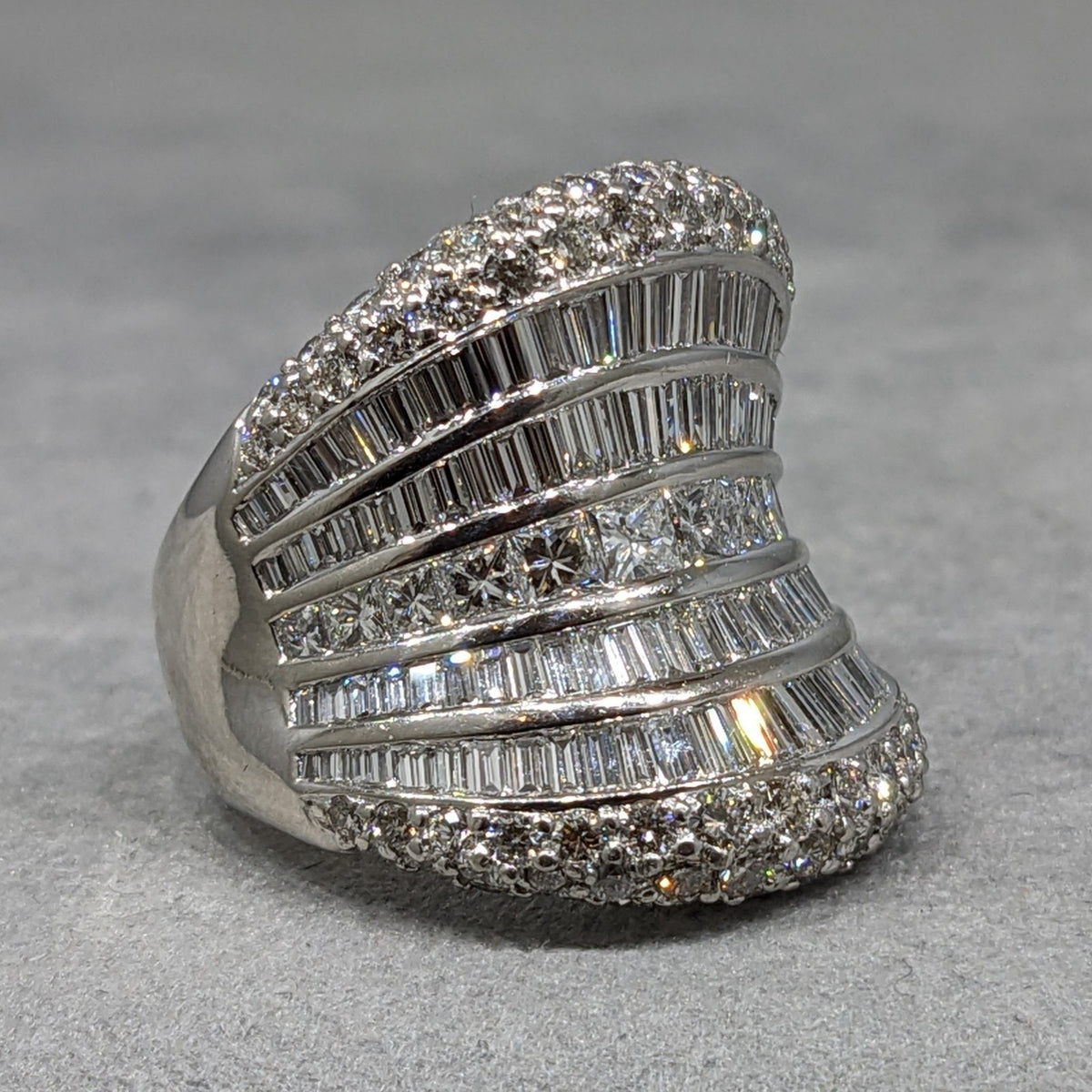 Baguette, Round & Princess Diamond Wide Cocktail Ring in Platinum