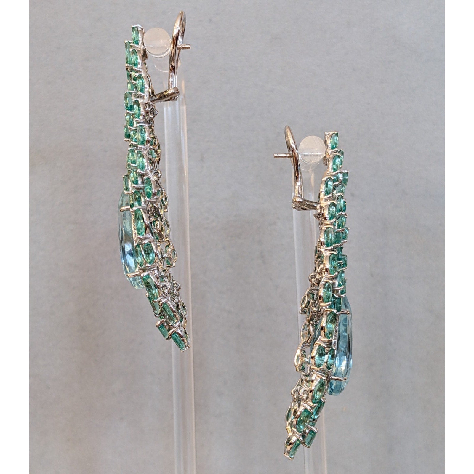 Aquamarine, Emerald and Diamond Peacock Earrings in 18k White Gold