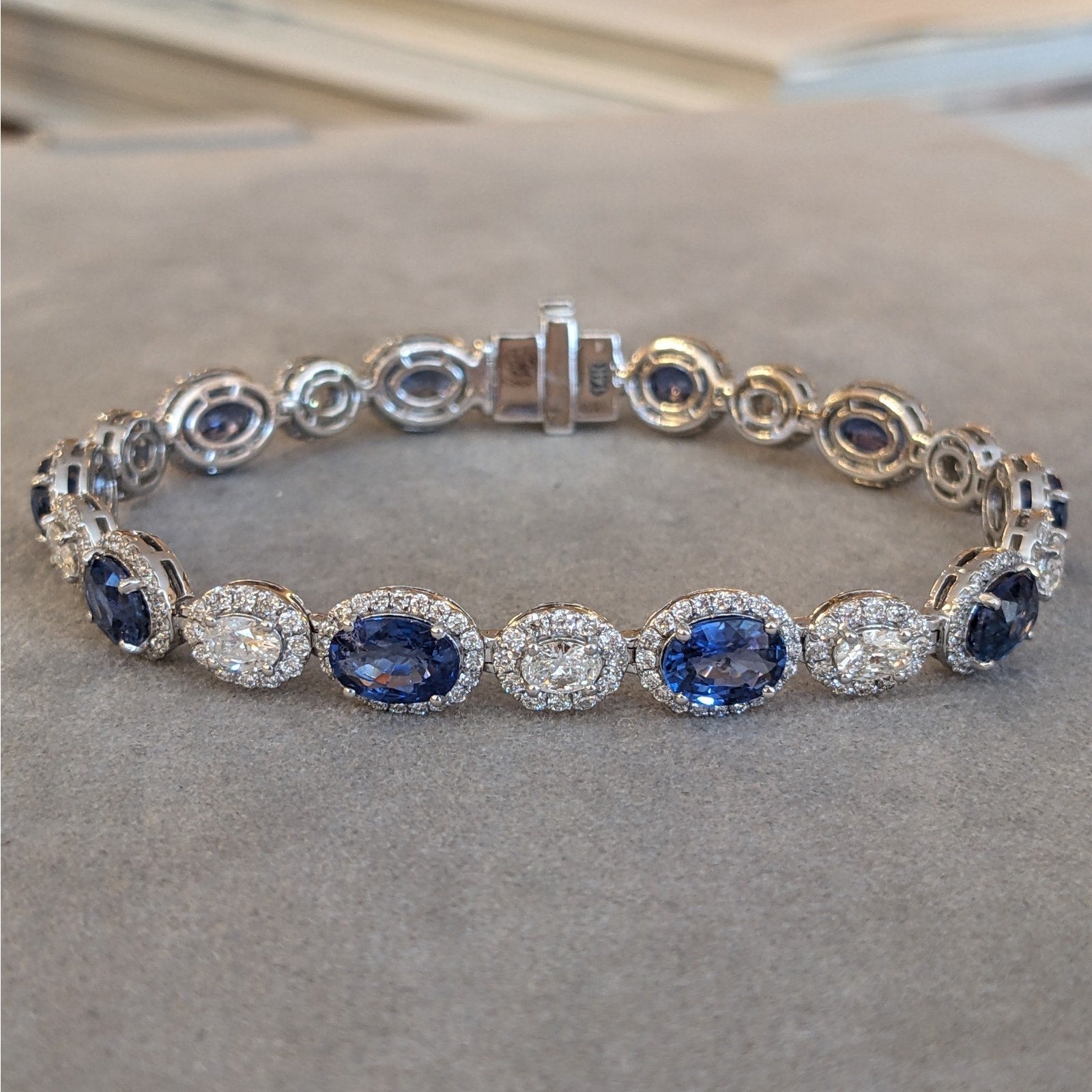 Natural Oval Sapphire and Diamond Bracelet in 14k White Gold