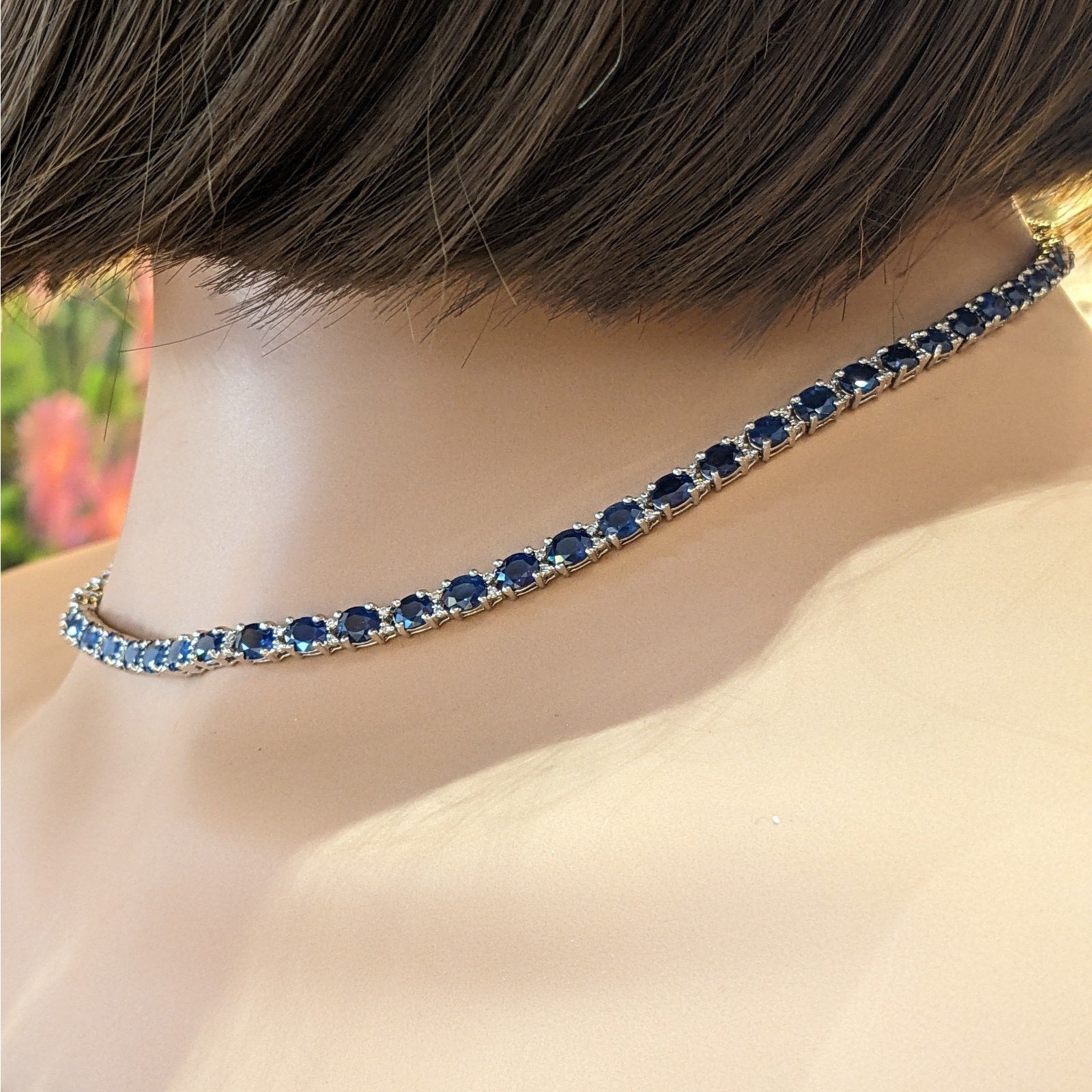 Natural Blue Sapphire and Diamond Choker Necklace in 18k White Gold