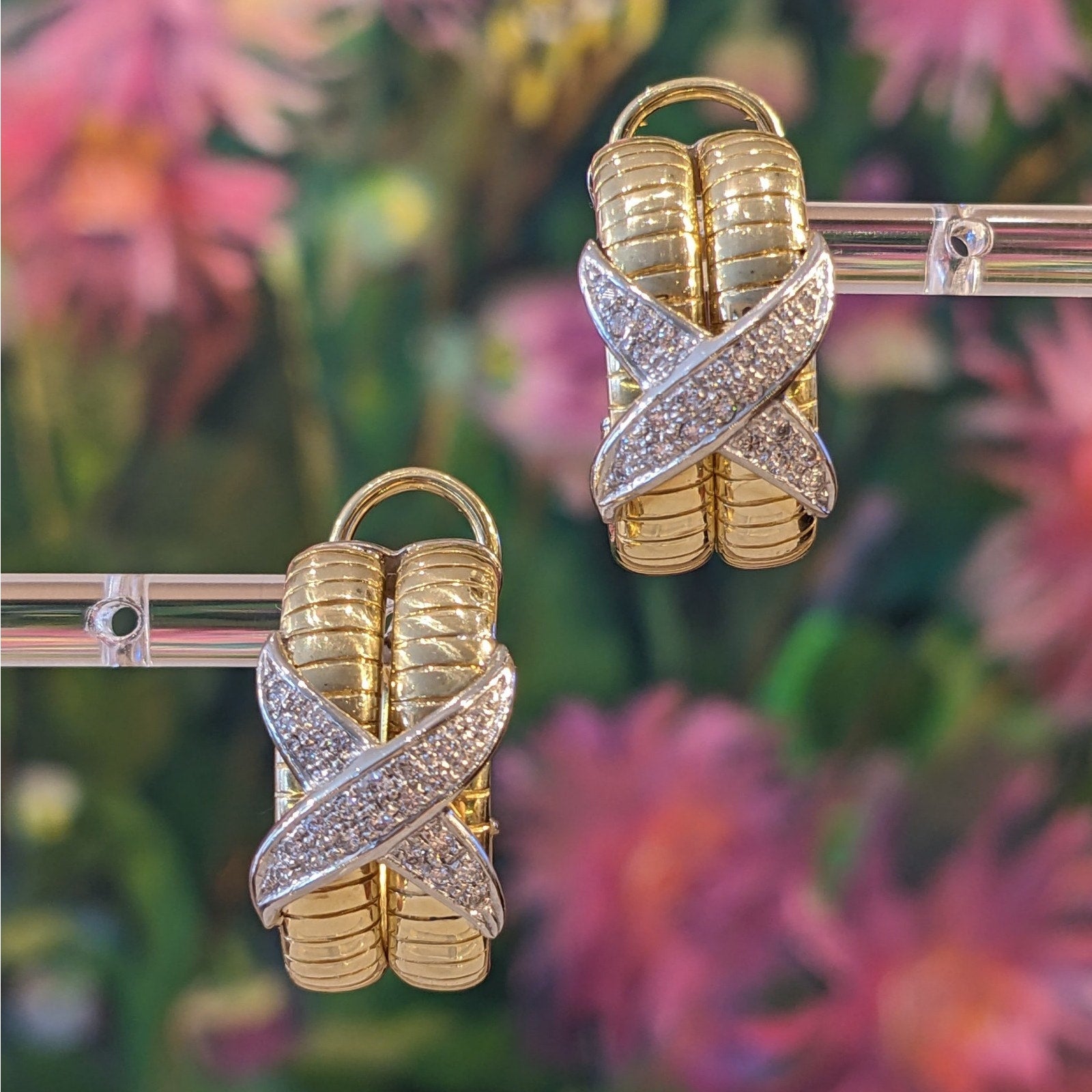 Diamond X Hoop Earrings in 18k Yellow and White Gold