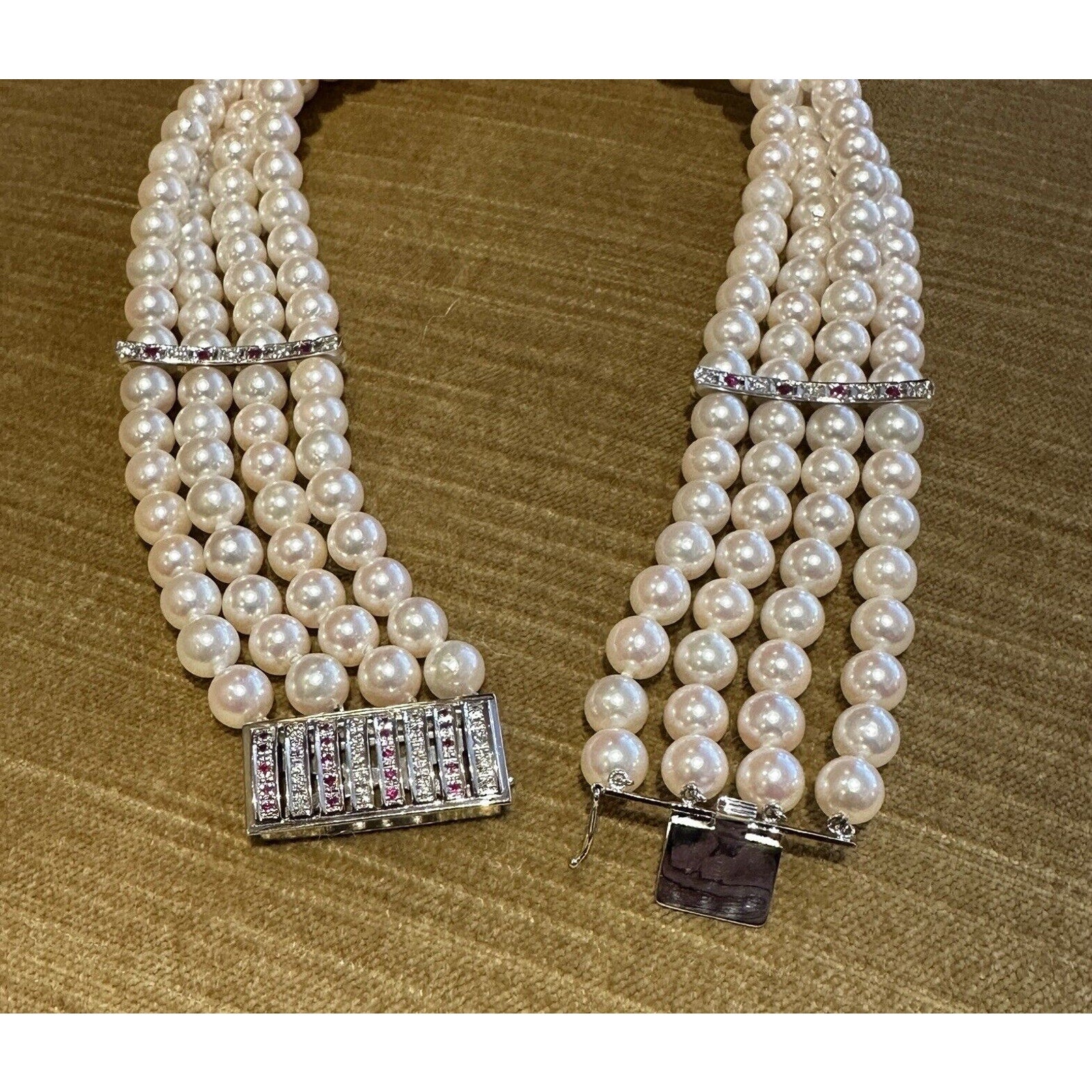 4 Row Pearl Choker Necklace with Rubies & Diamonds in Platinum