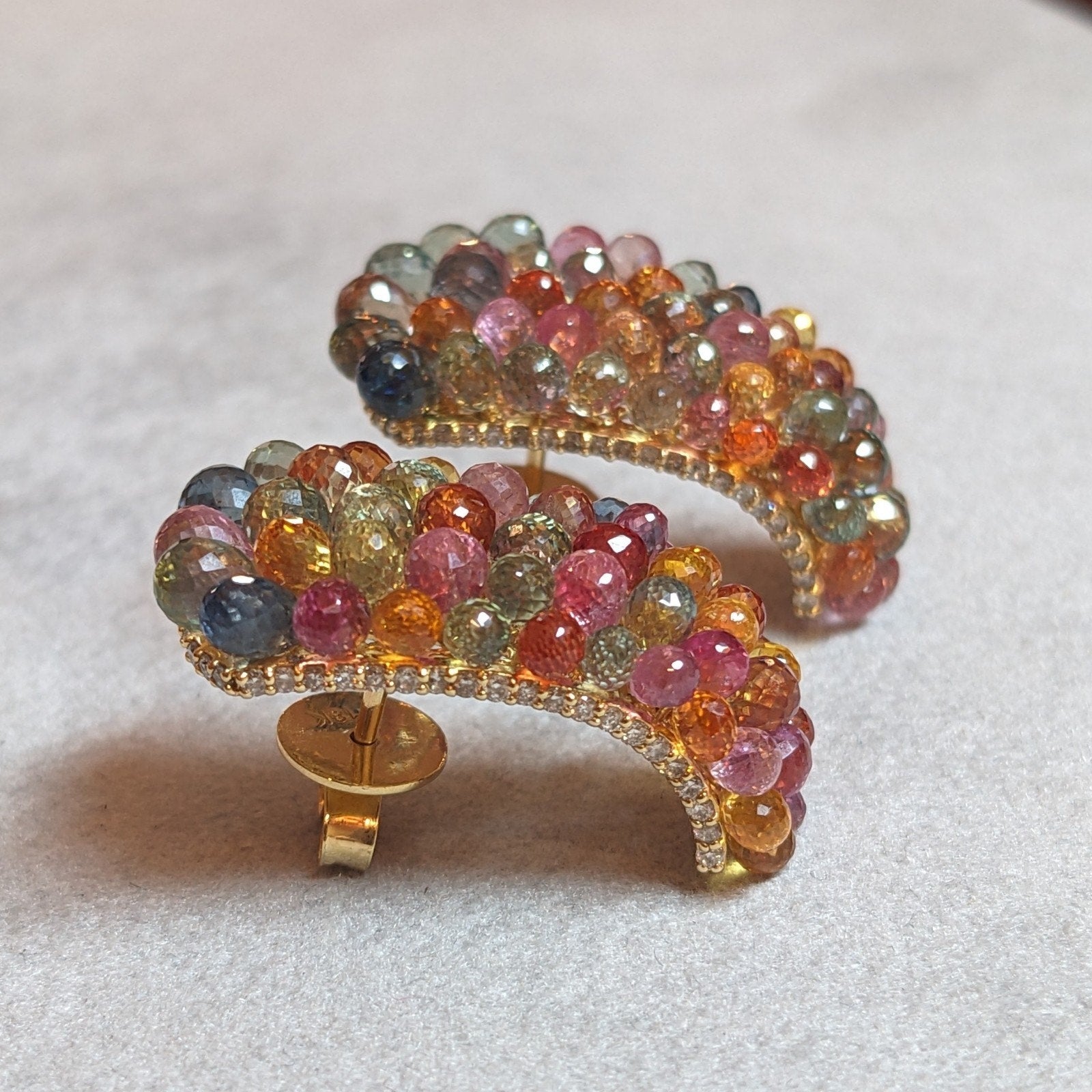 Multicolor Sapphire Briolette and Diamond Earrings in 18k Yellow Gold