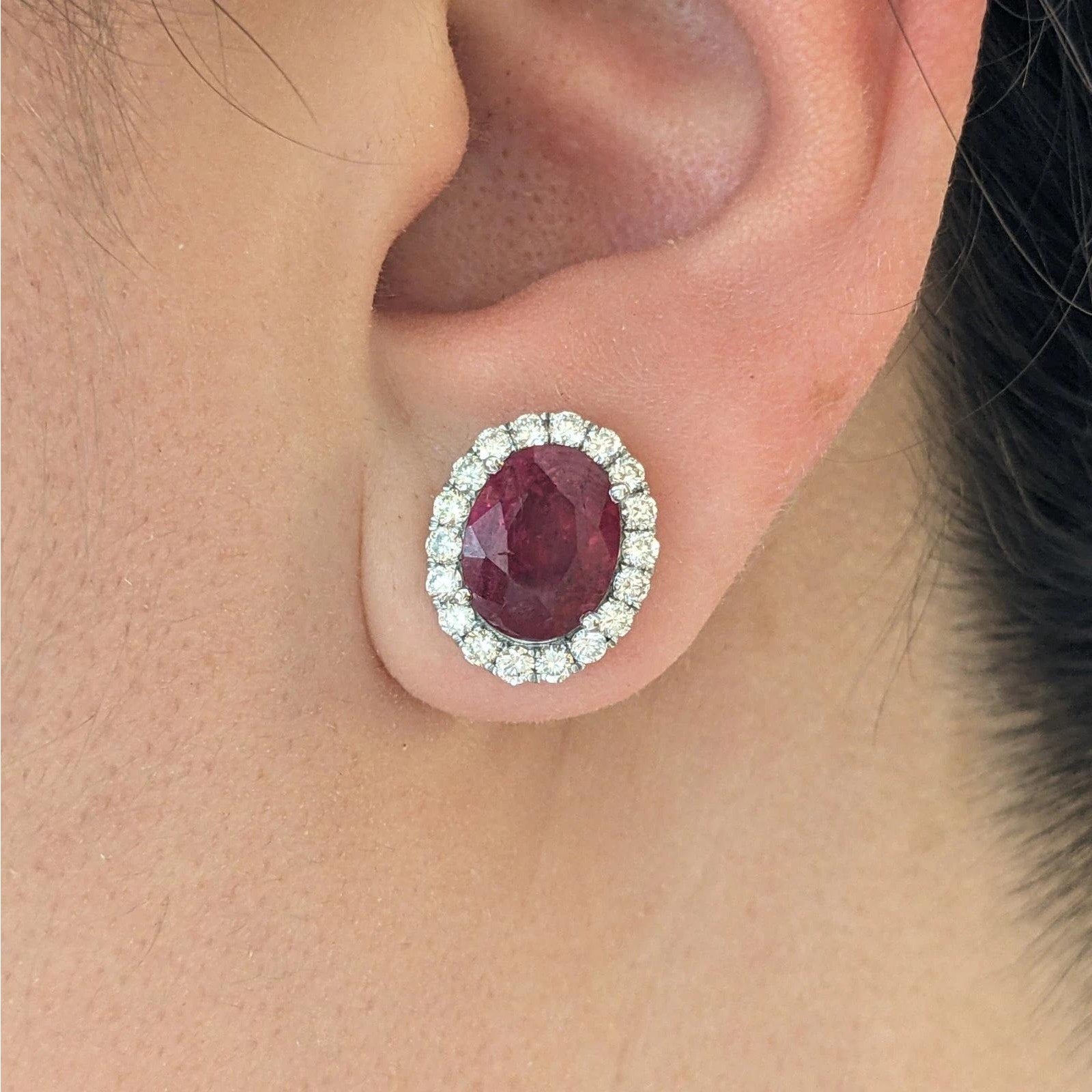 GIA Natural Oval Ruby Stud Earrings with Diamond Halo in 14k White Gold