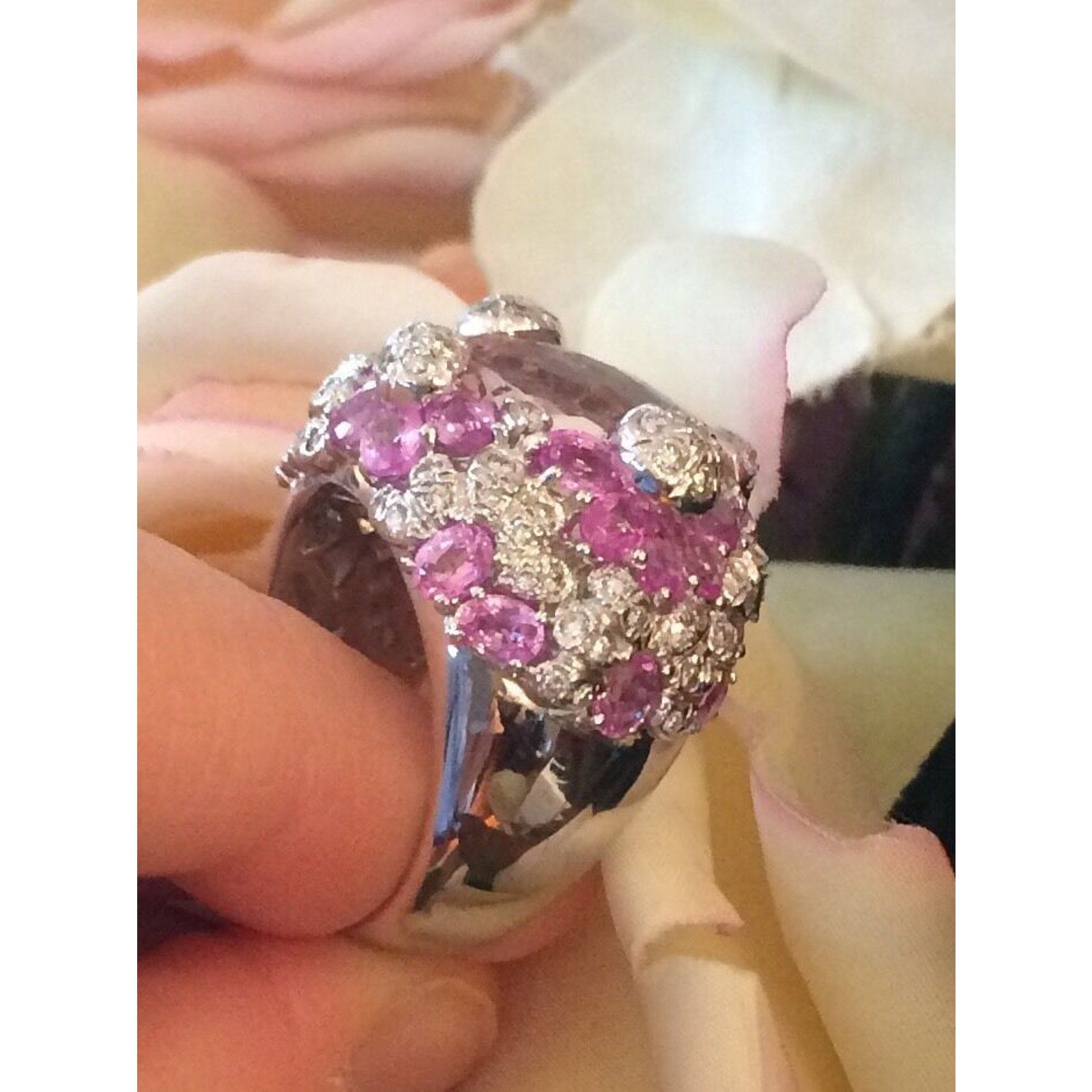 Kunzite, Pink Sapphire & Diamond Cocktail Ring in 18k White Gold