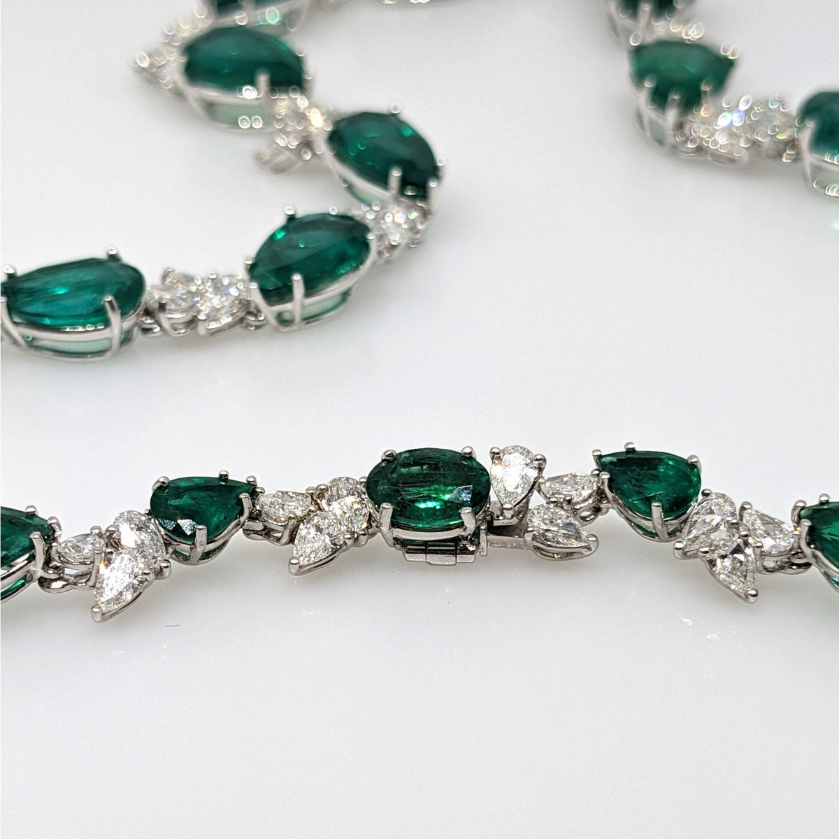 AGL Pear Emerald & Diamond Necklace Earrings Set in 18k White Gold