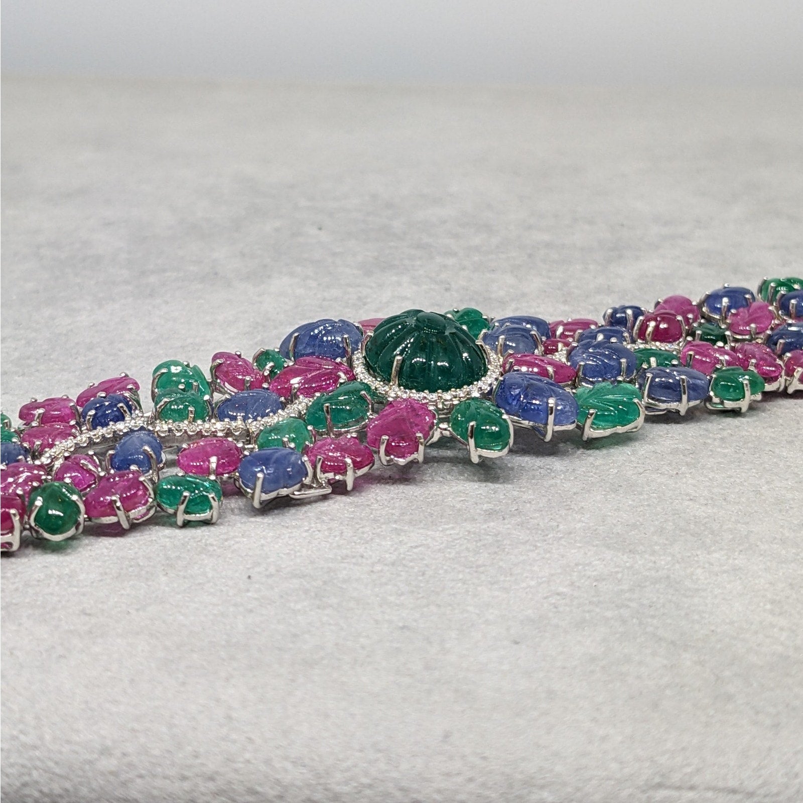 Carved Emerald, Ruby & Sapphire Bracelet with Diamonds in 18k White Gold