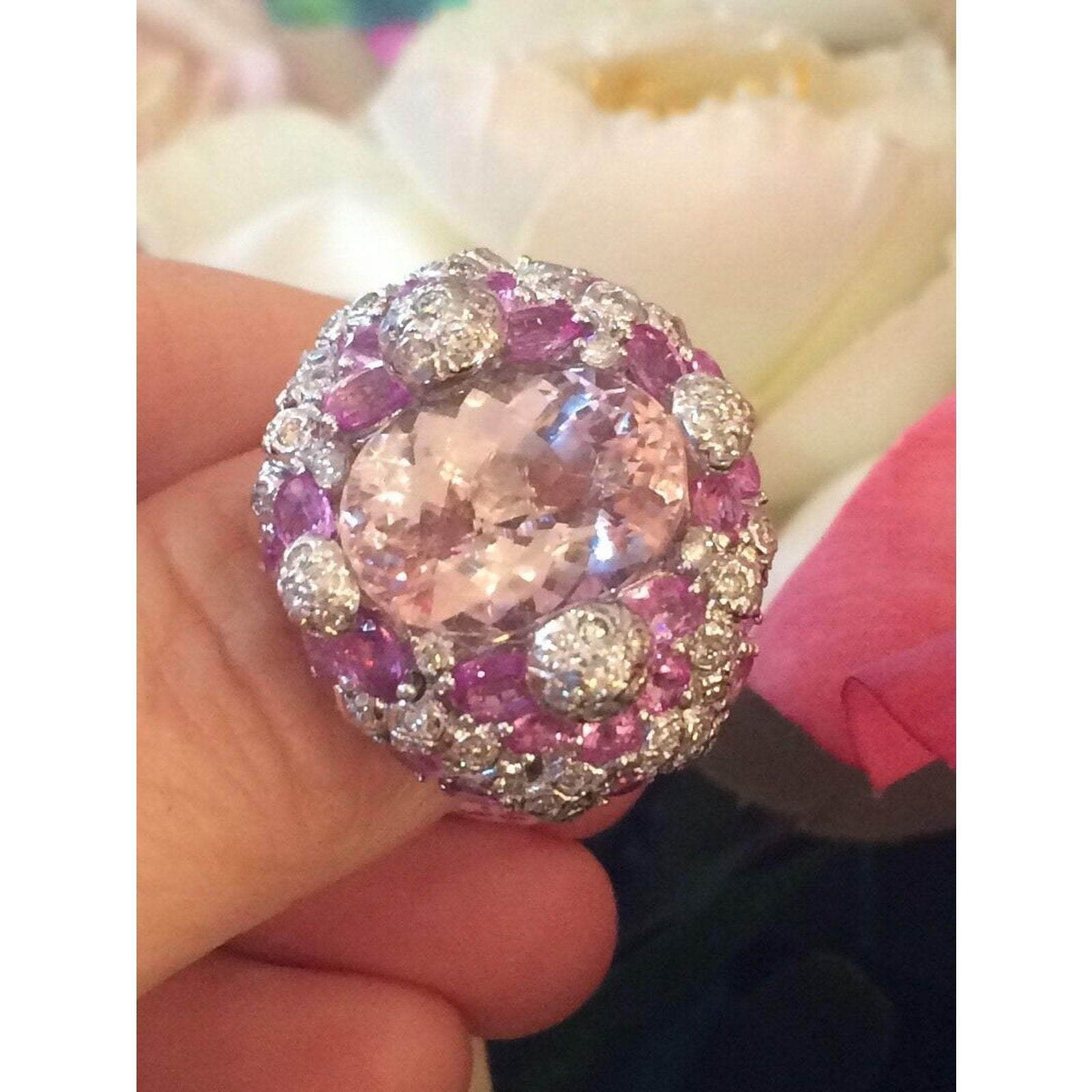 Kunzite, Pink Sapphire & Diamond Cocktail Ring in 18k White Gold
