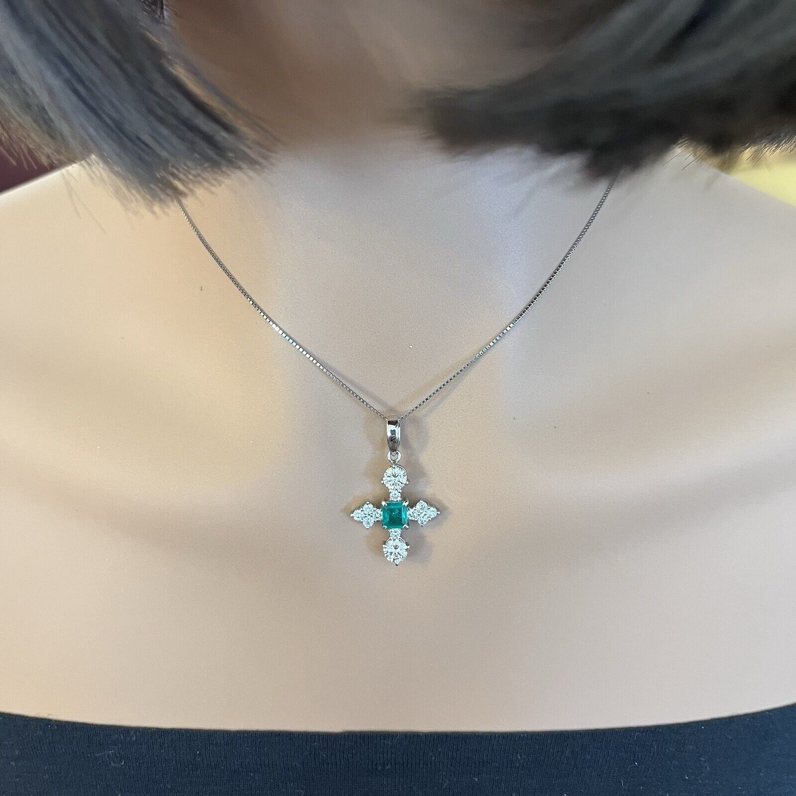 Natural Emerald and Diamond Cross Pendant Necklace in Platinum