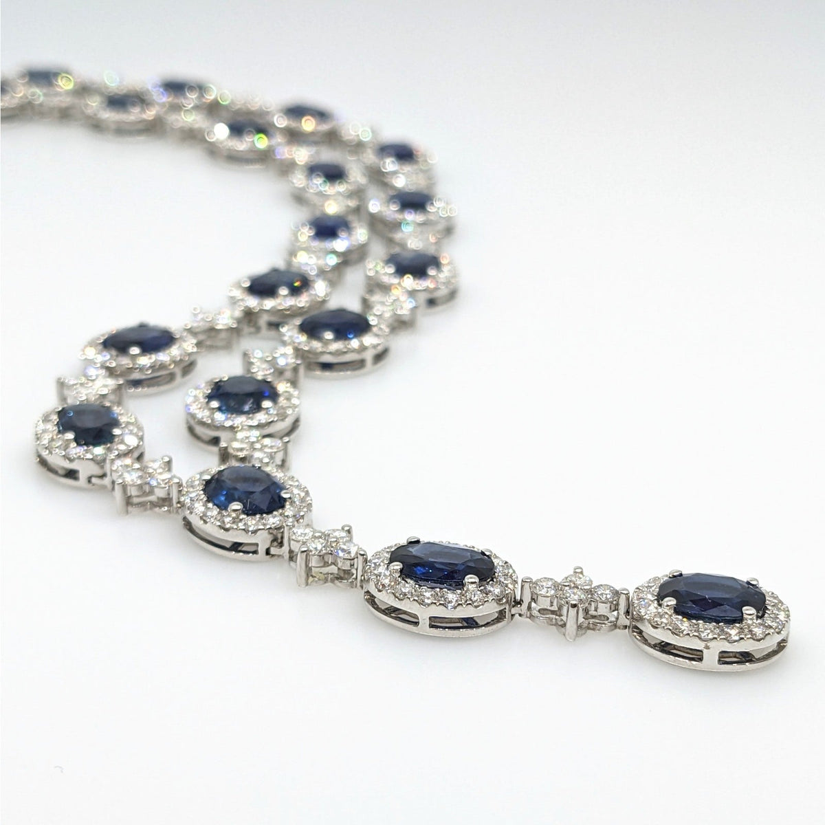 Natural Sapphire & Diamond Y-Drop Necklace in 18k White Gold