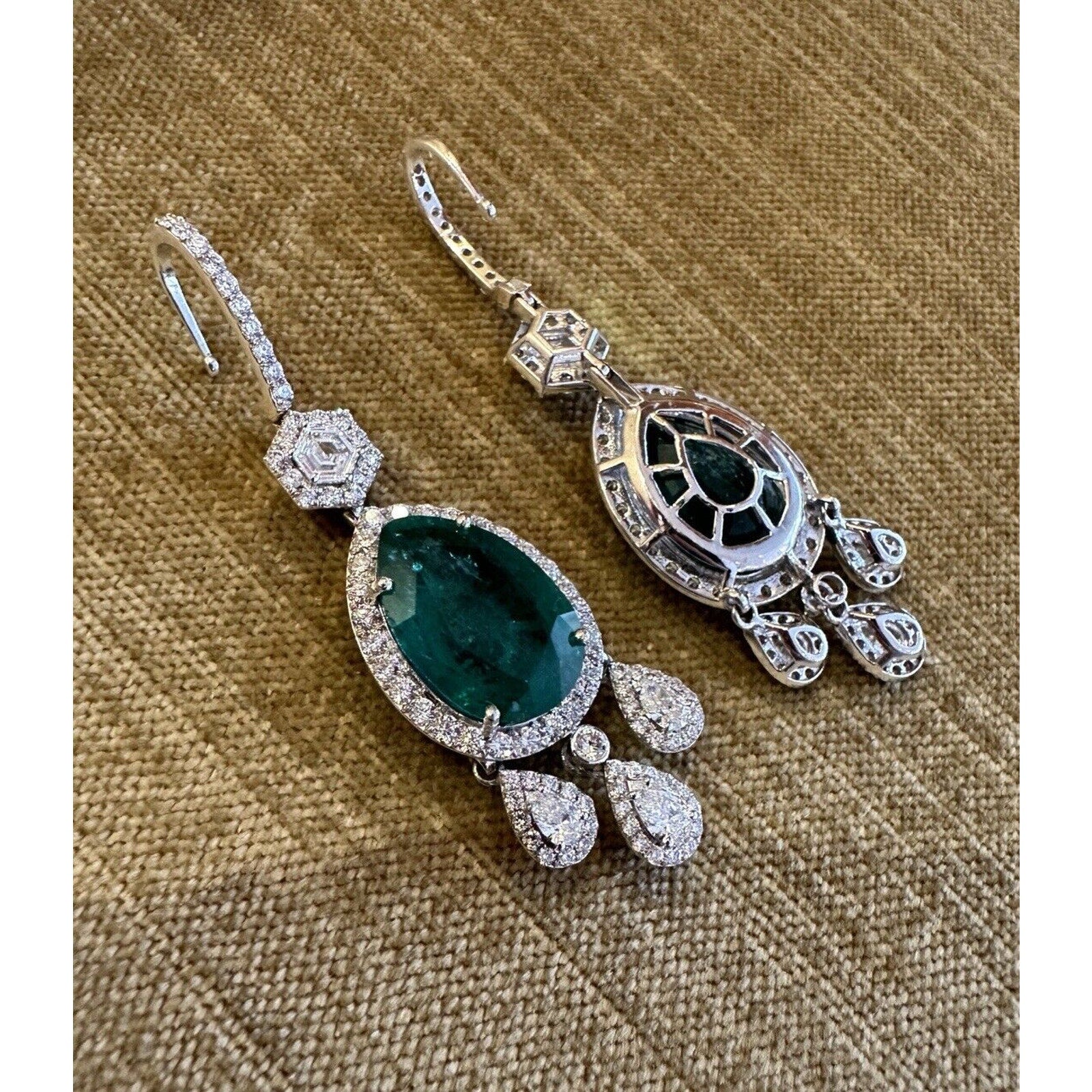 GIA Large Pear Emerald Drop Earrings with Diamonds in 18k White Gold