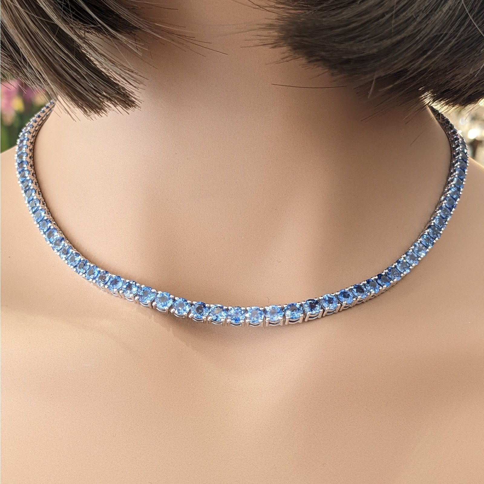 Natural Sapphire Tennis Necklace in 14k White Gold 17"