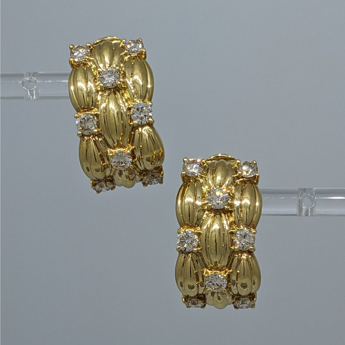 Vintage Basket Weave Diamond Half Hoop Earrings in 18k Yellow Gold