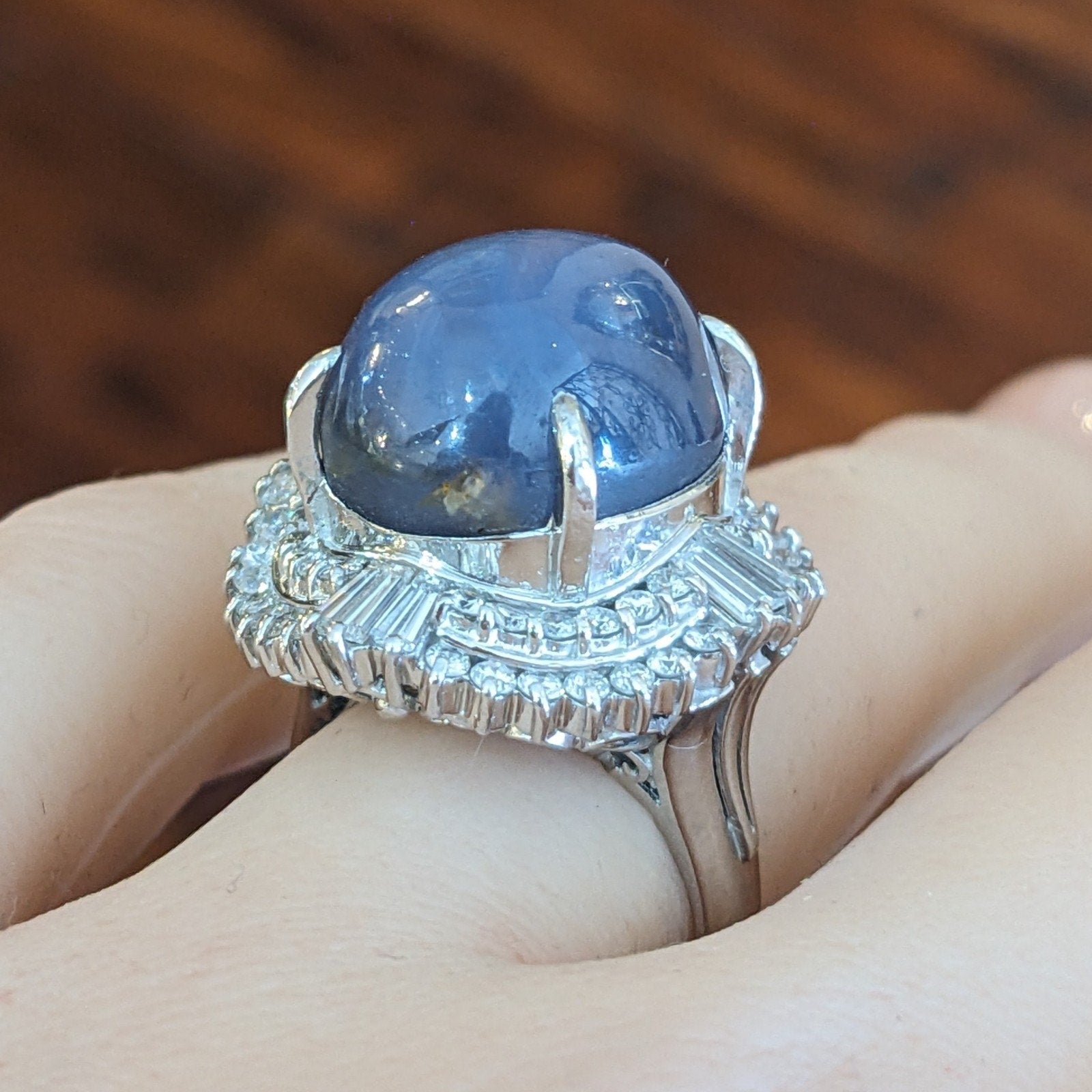Large 31.52 ct Blue Star Sapphire in Platinum Diamond Ballerina Setting